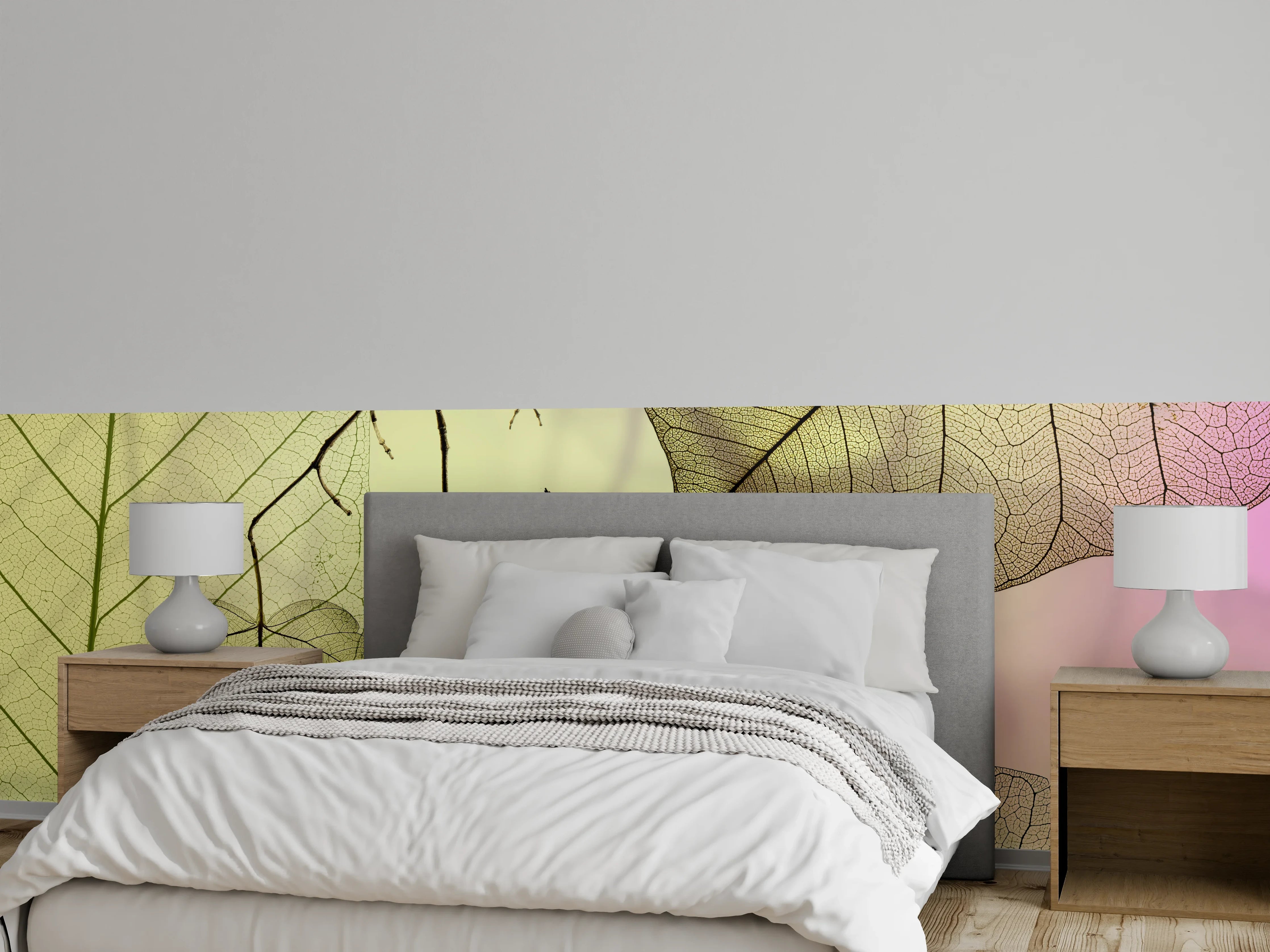 Wandverkleidung Schlafzimmer - Transparente Blätter auf sanftem Farbverlauf