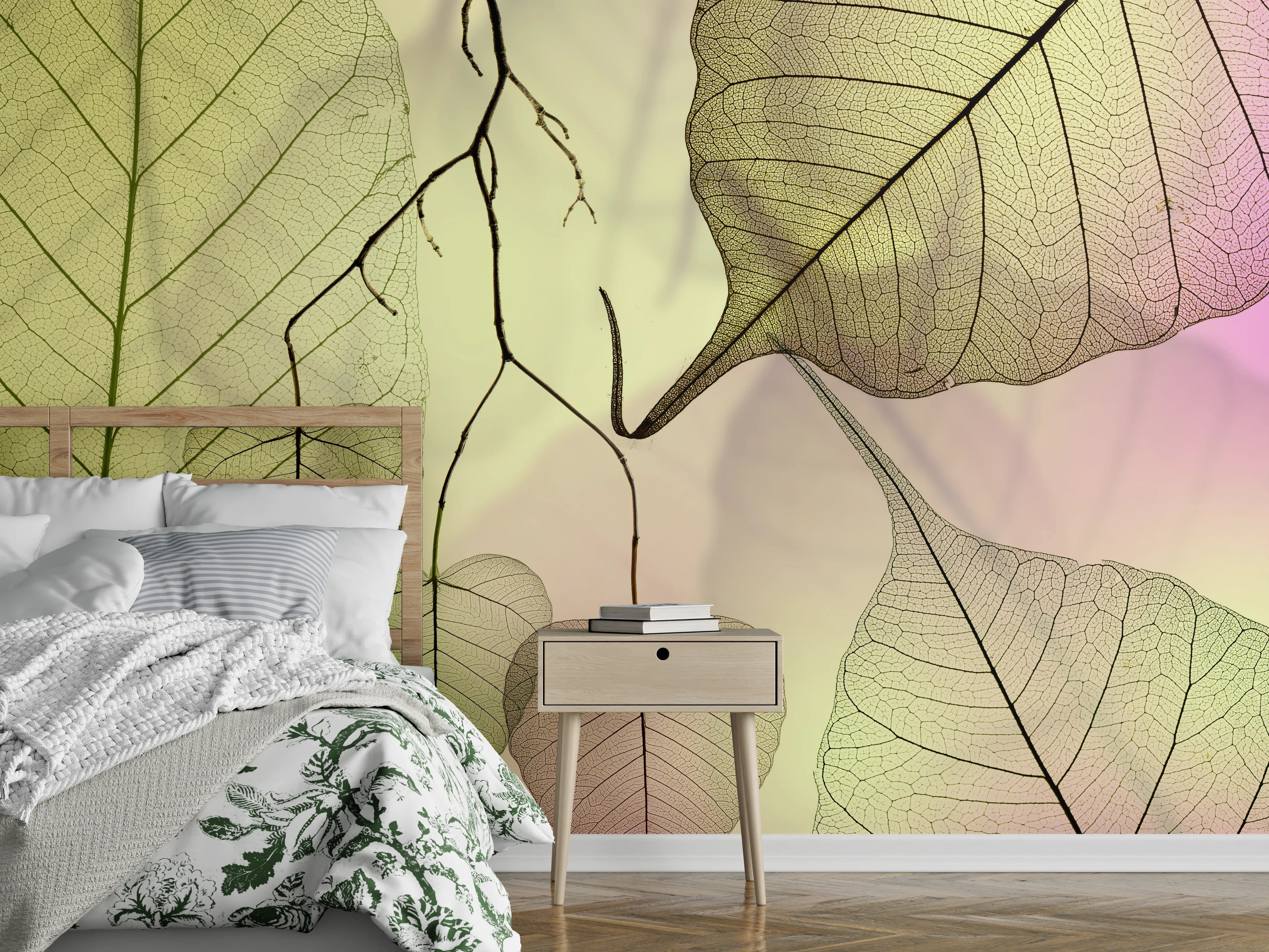 Wandverkleidung Schlafzimmer - Transparente Blätter auf sanftem Farbverlauf