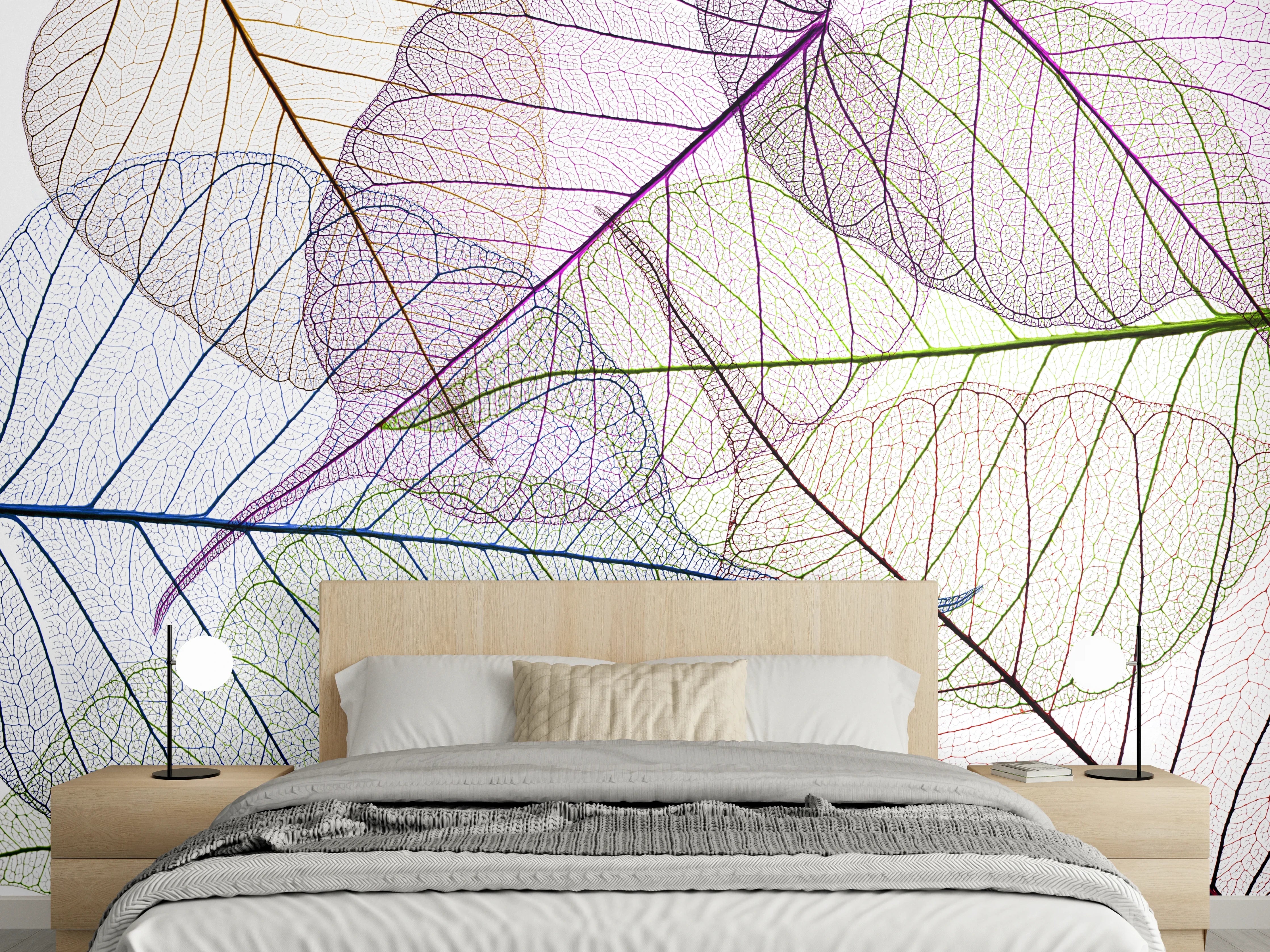 Wandverkleidung Schlafzimmer - Transparente Blätter in Pastellfarben Dekor