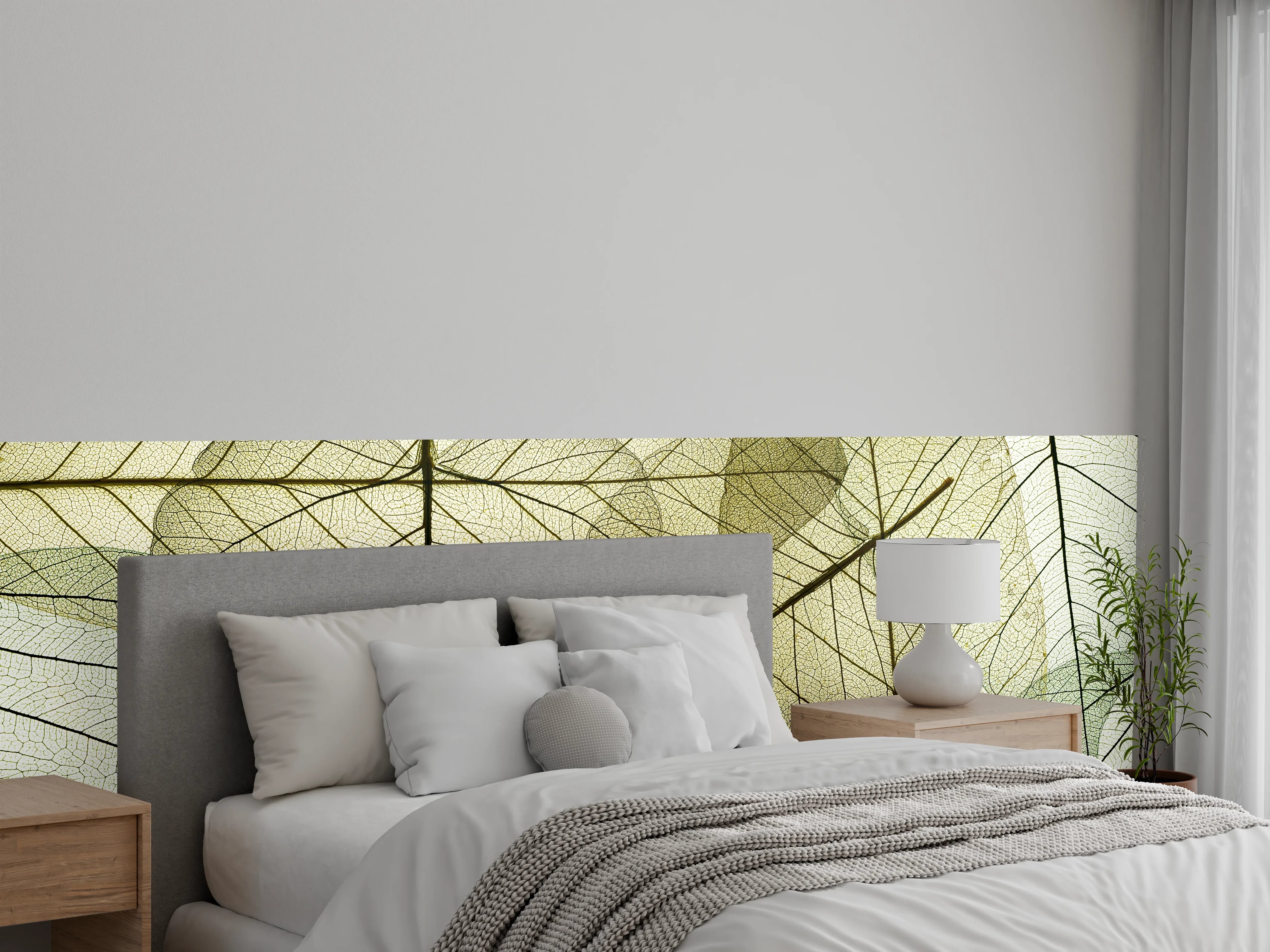Wandverkleidung Schlafzimmer - Transparente Blätterstruktur in zarten Grüntönen