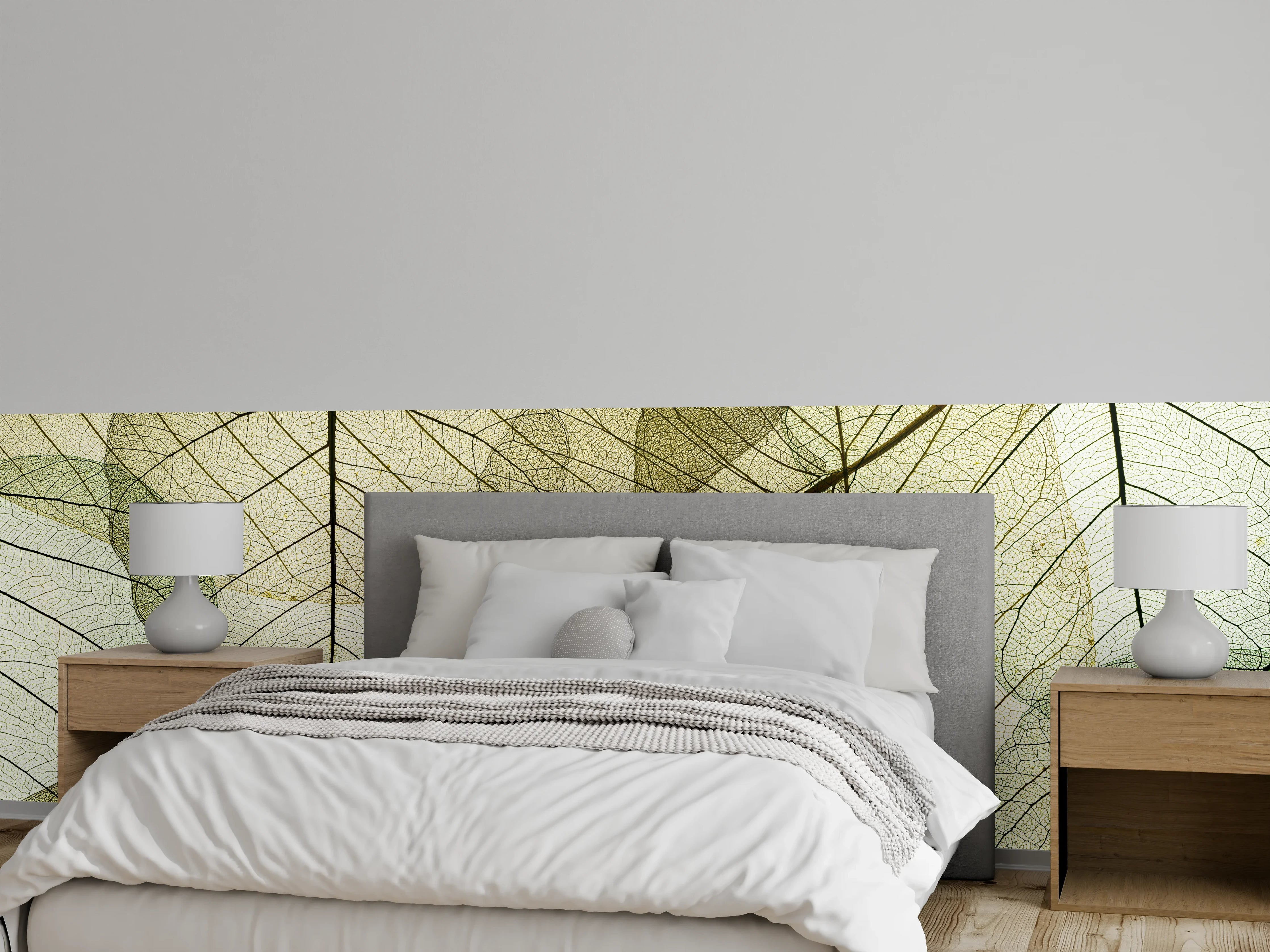 Wandverkleidung Schlafzimmer - Transparente Blätterstruktur in zarten Grüntönen