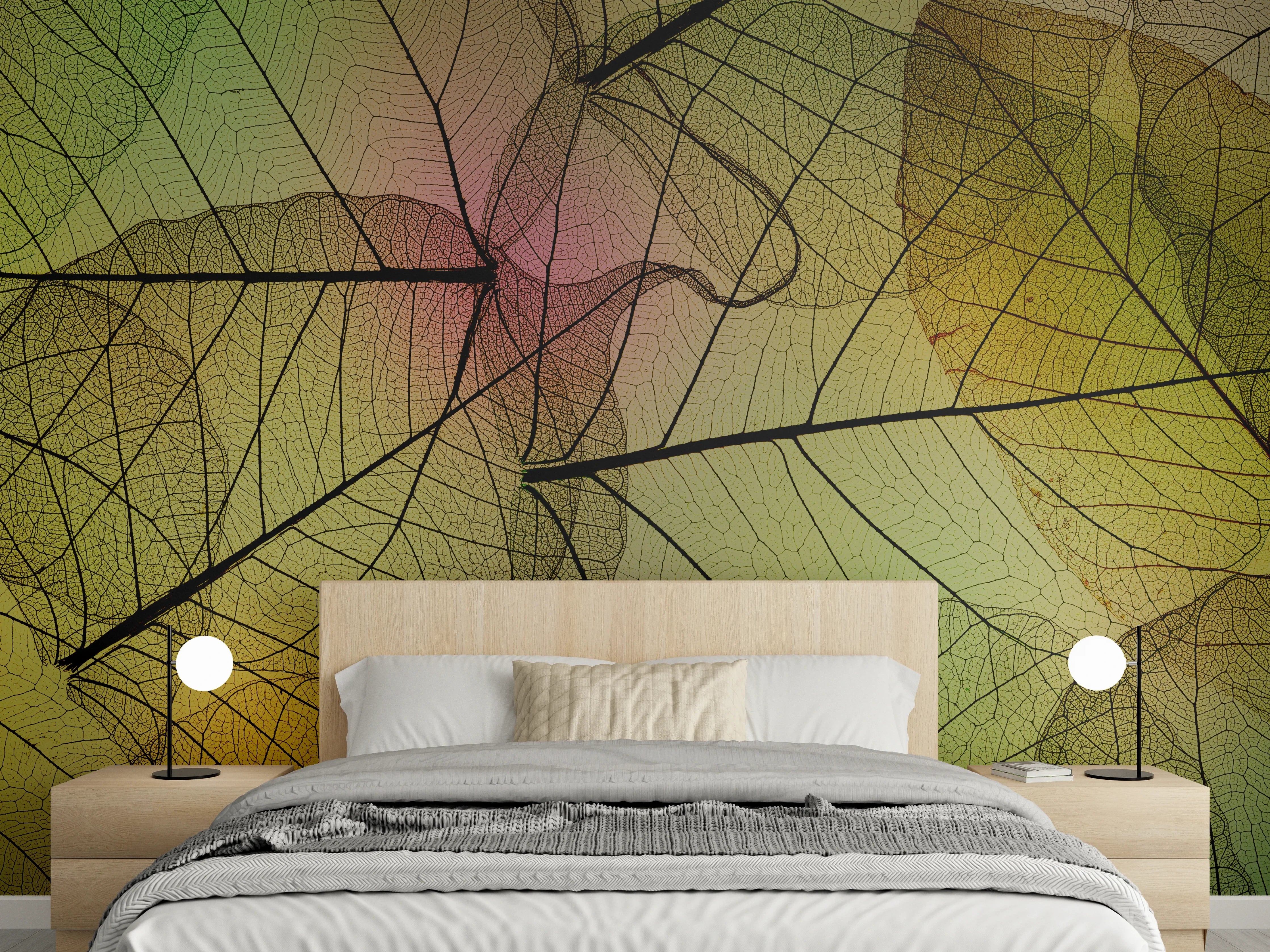 Wandverkleidung Schlafzimmer - Transparente Naturblätter grün, gelb, rosa