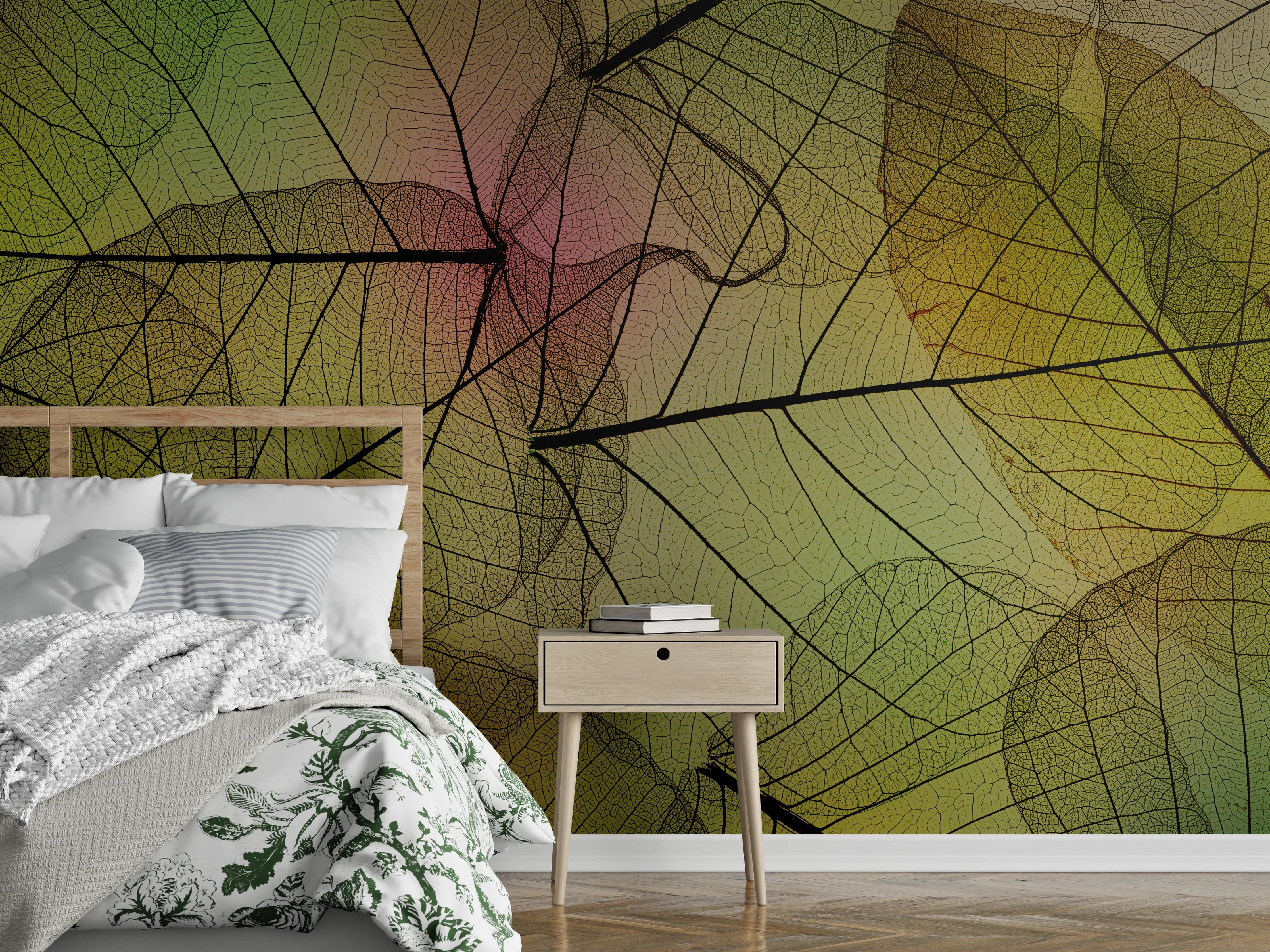 Wandverkleidung Schlafzimmer - Transparente Naturblätter grün, gelb, rosa