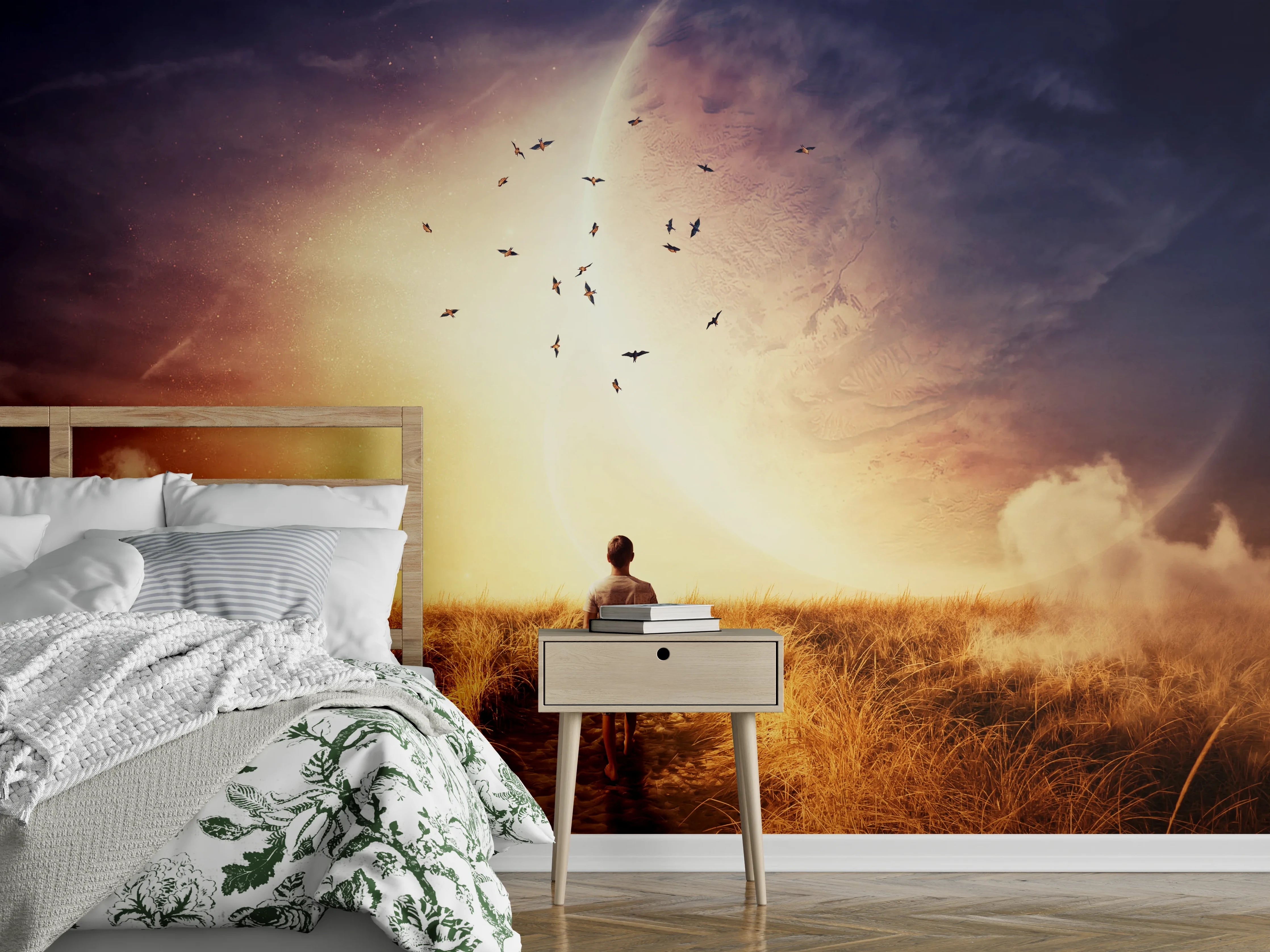 Wandverkleidung Schlafzimmer - Traumhafte Fantasielandschaft mit Mond