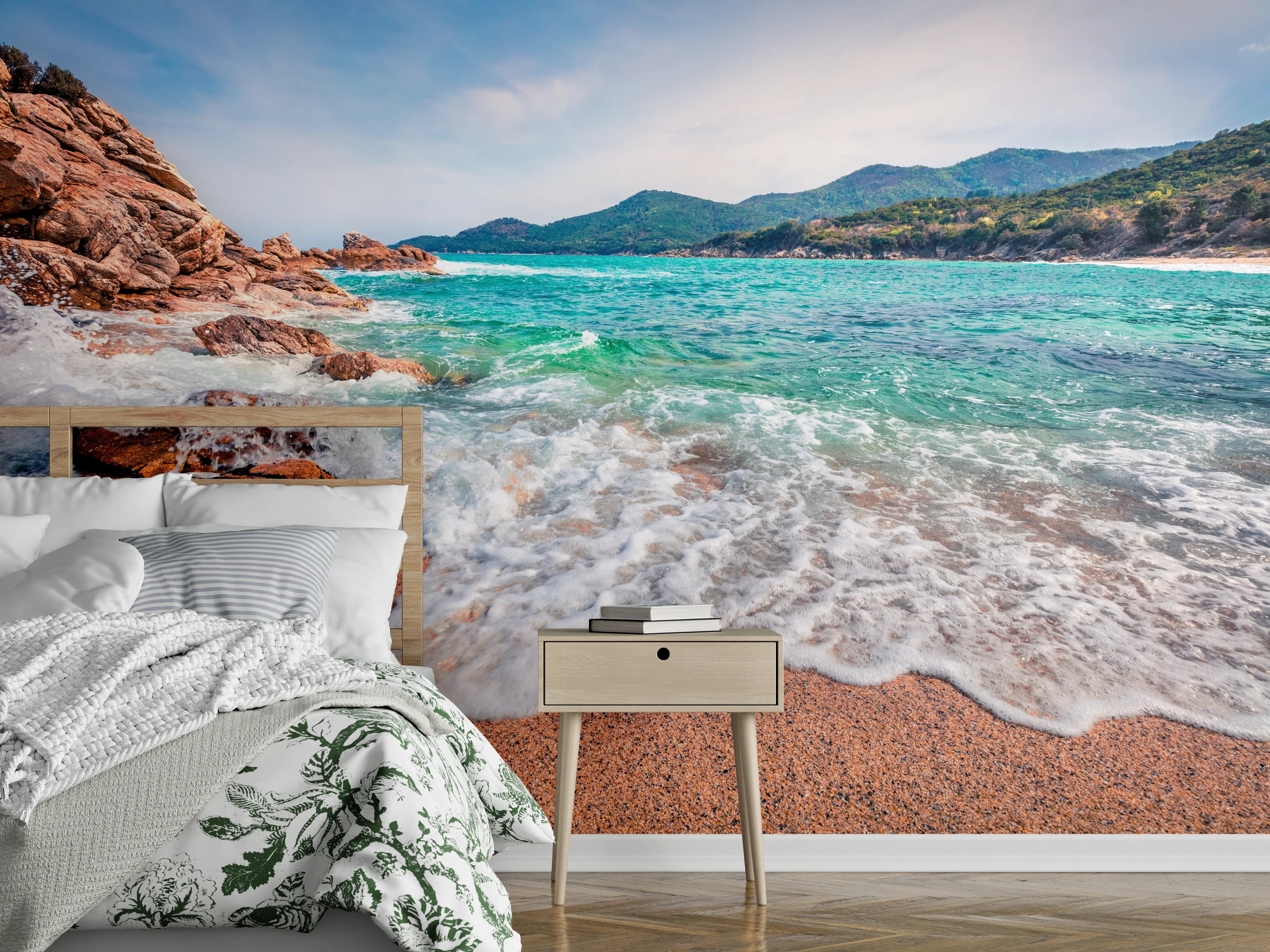 Wandverkleidung Schlafzimmer - Traumhafter Sandstrand mit türkisblauem Meer