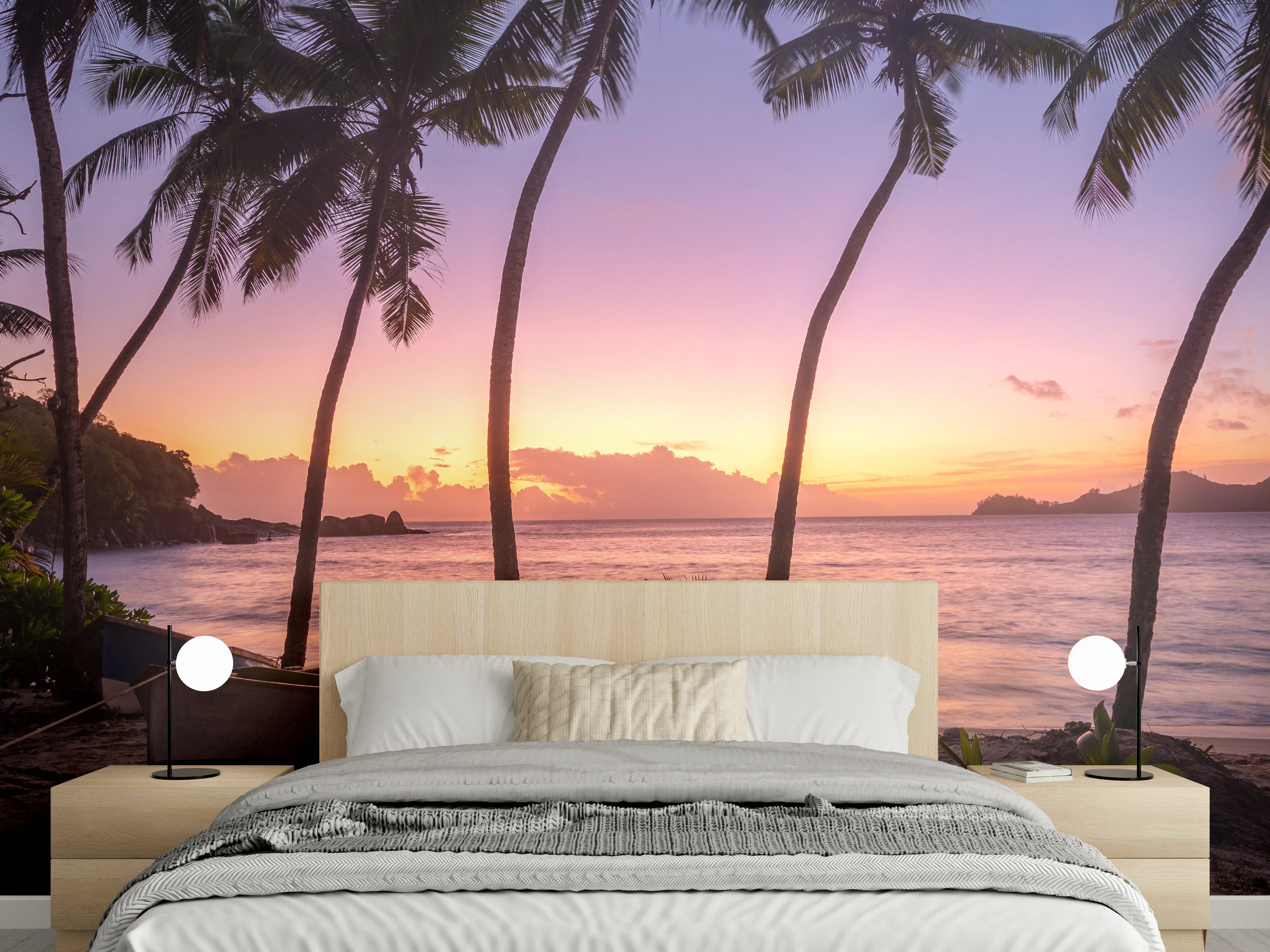 Wandverkleidung Schlafzimmer - Traumhafter Sonnenuntergang am Palmenstrand