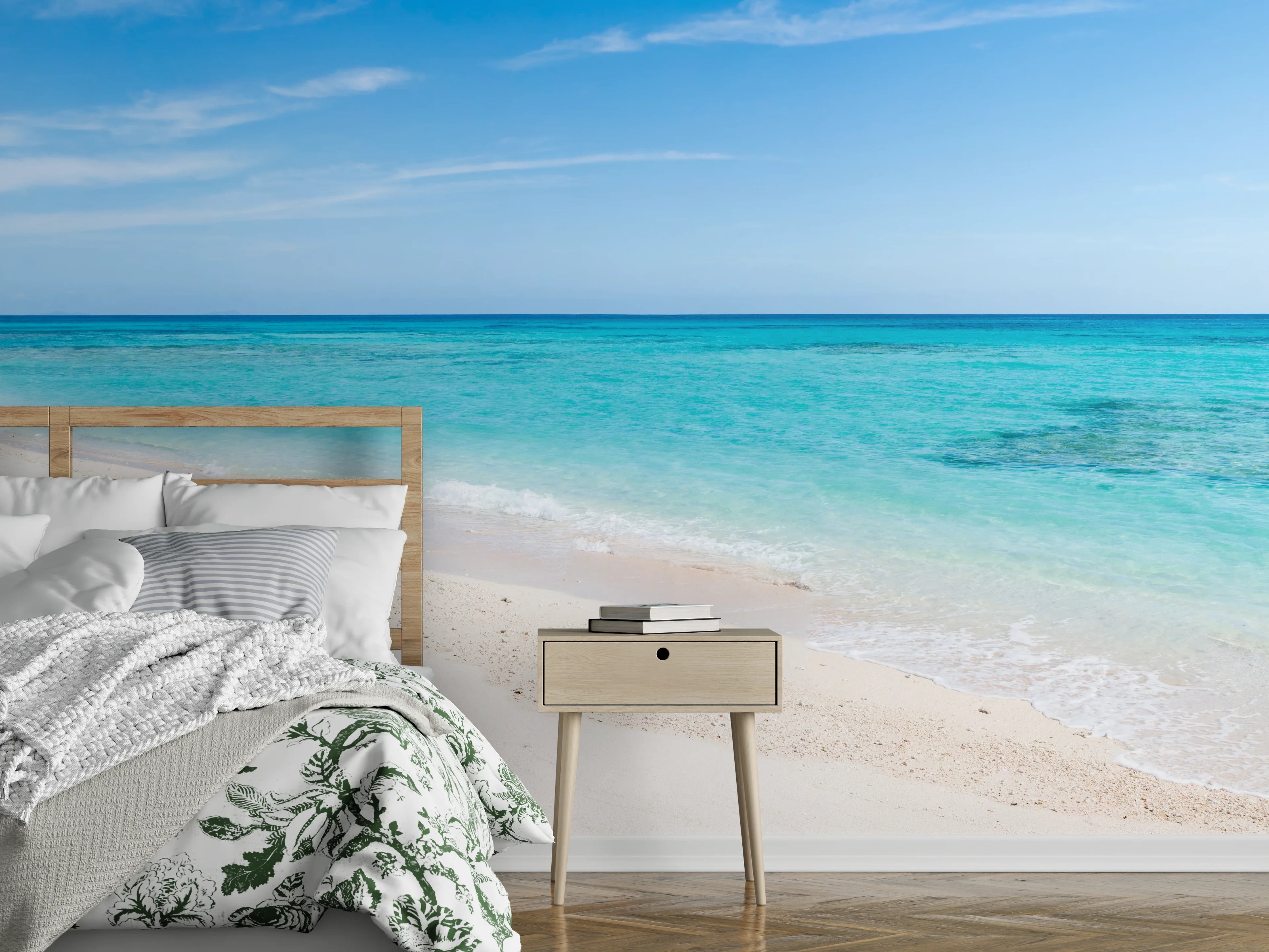 Wandverkleidung Schlafzimmer - Traumhafter Strand – Meerblau & Weiß