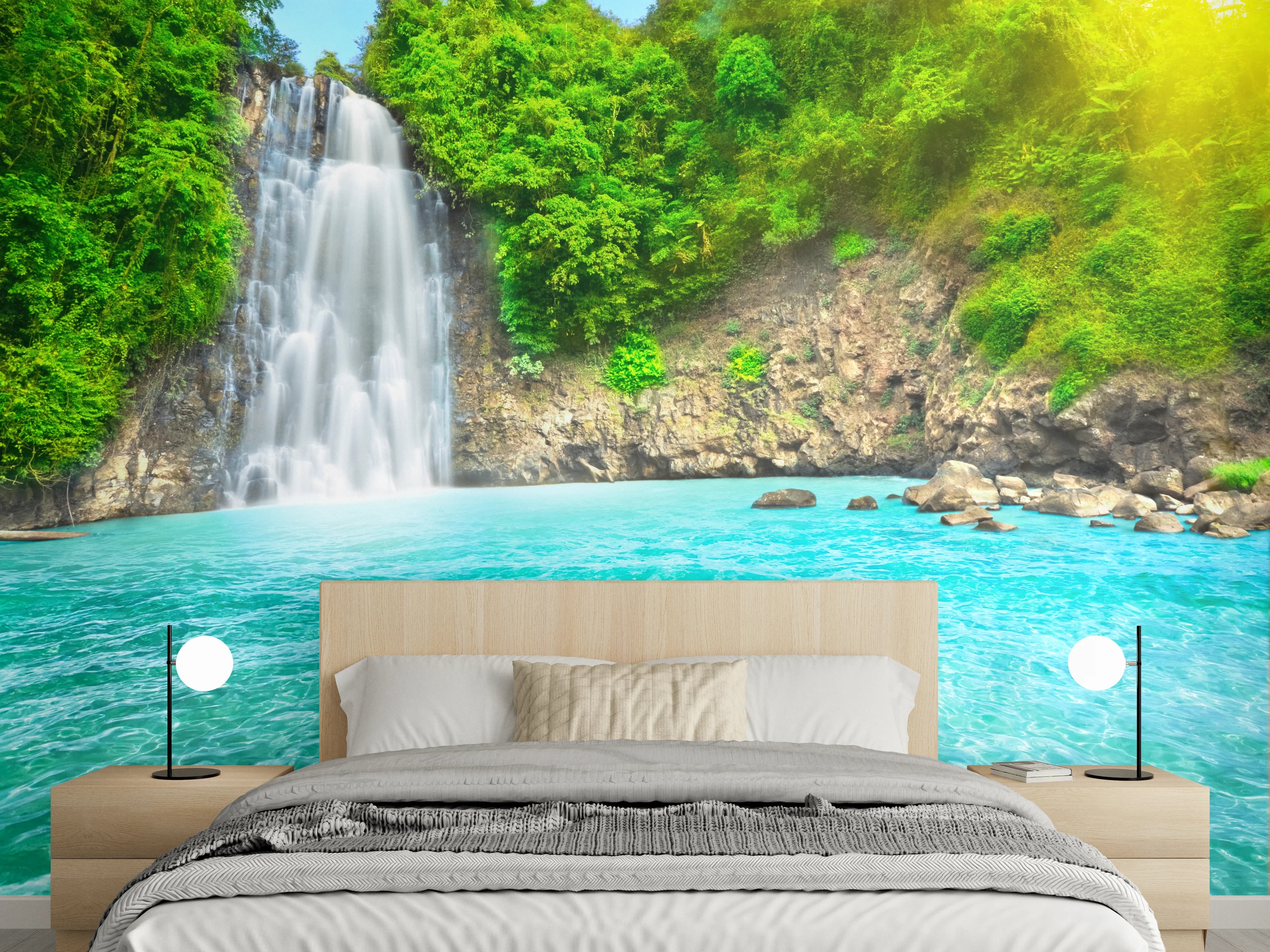 Wandverkleidung Schlafzimmer - Traumhafter Wasserfall im Dschungel