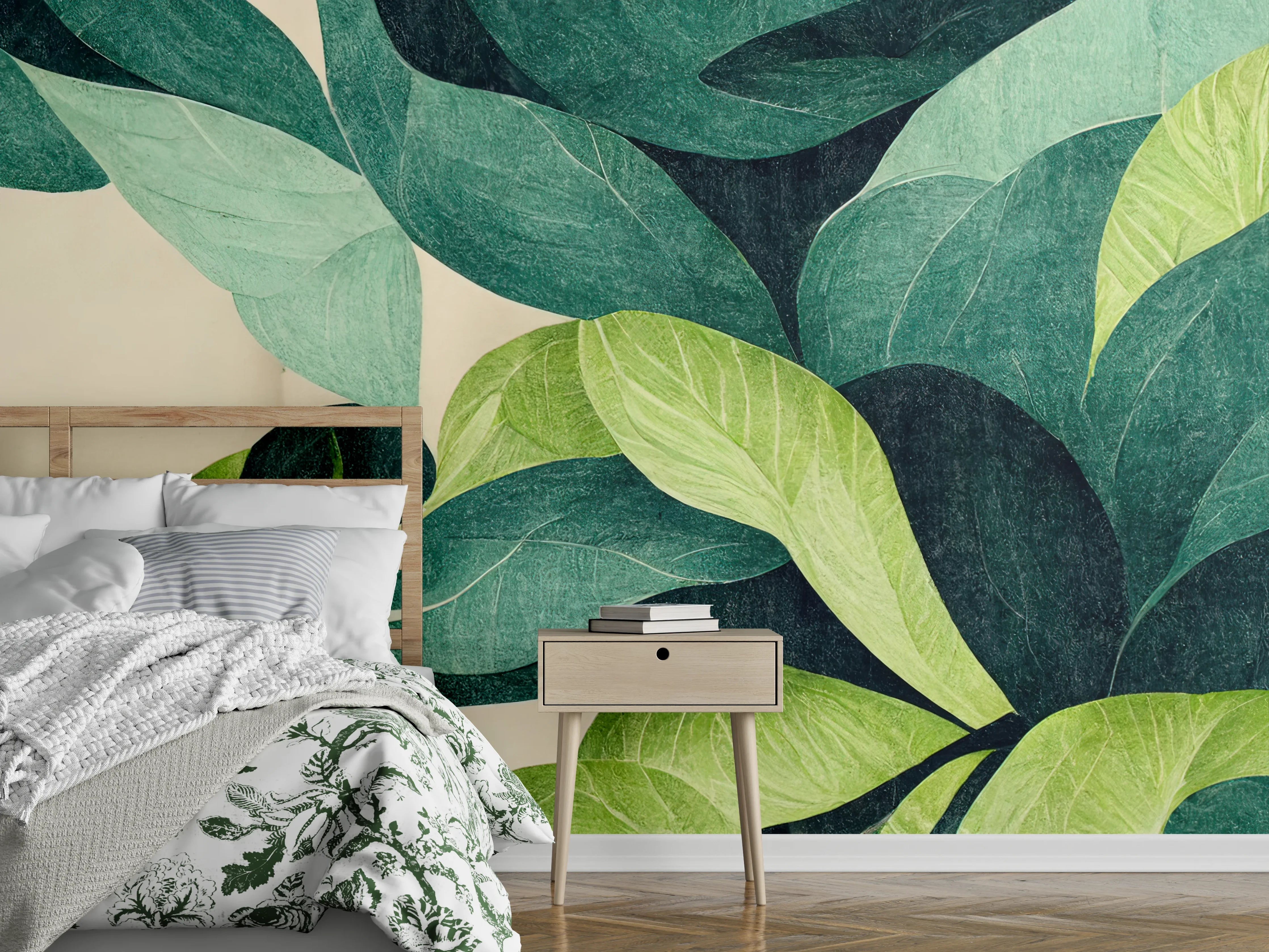 Wandverkleidung Schlafzimmer - Trendige grüne Blätter Wandgestaltung