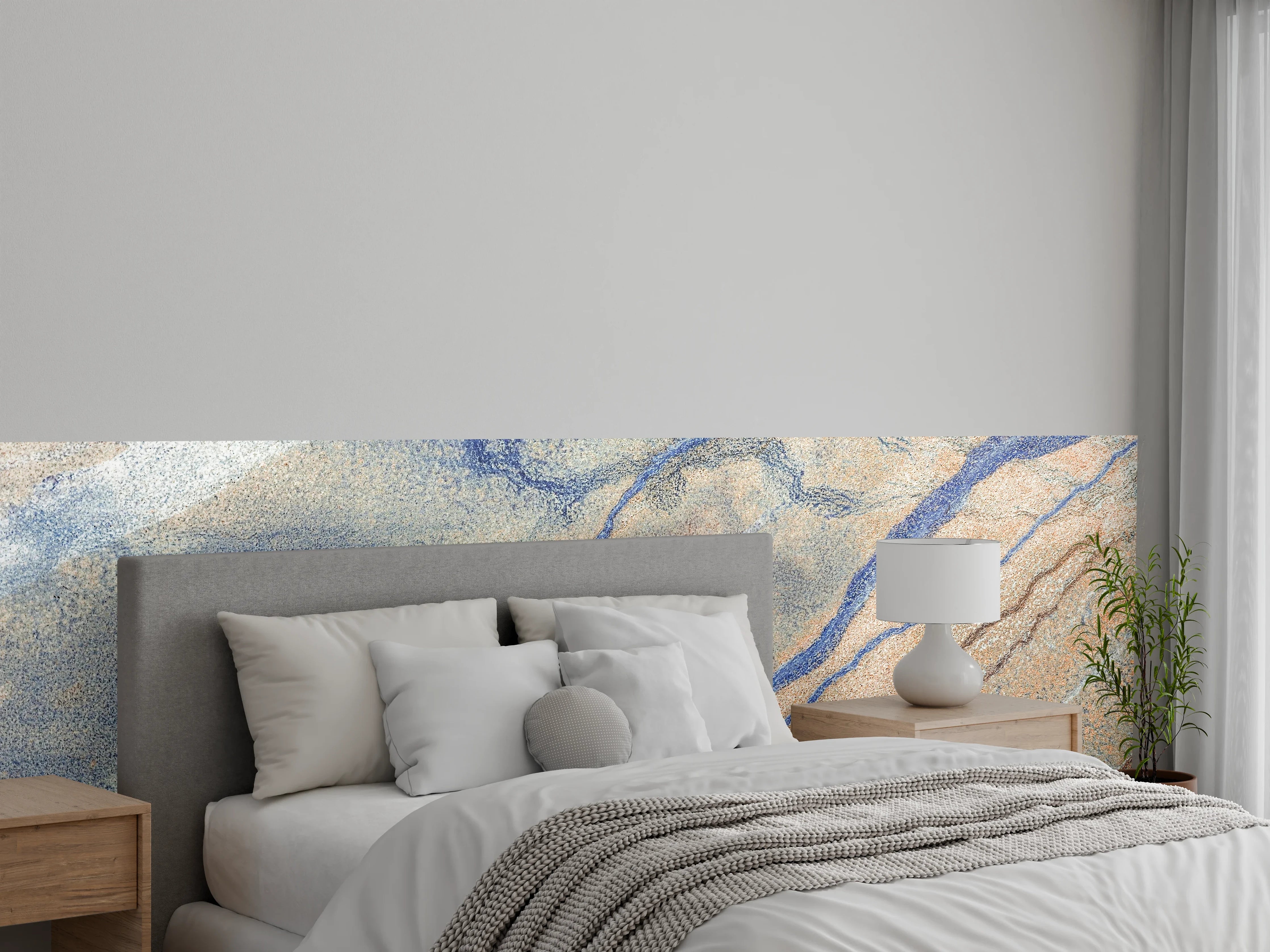 Wandverkleidung Schlafzimmer - Trendiges Gesteinsmuster in Beige-Blau-Optik