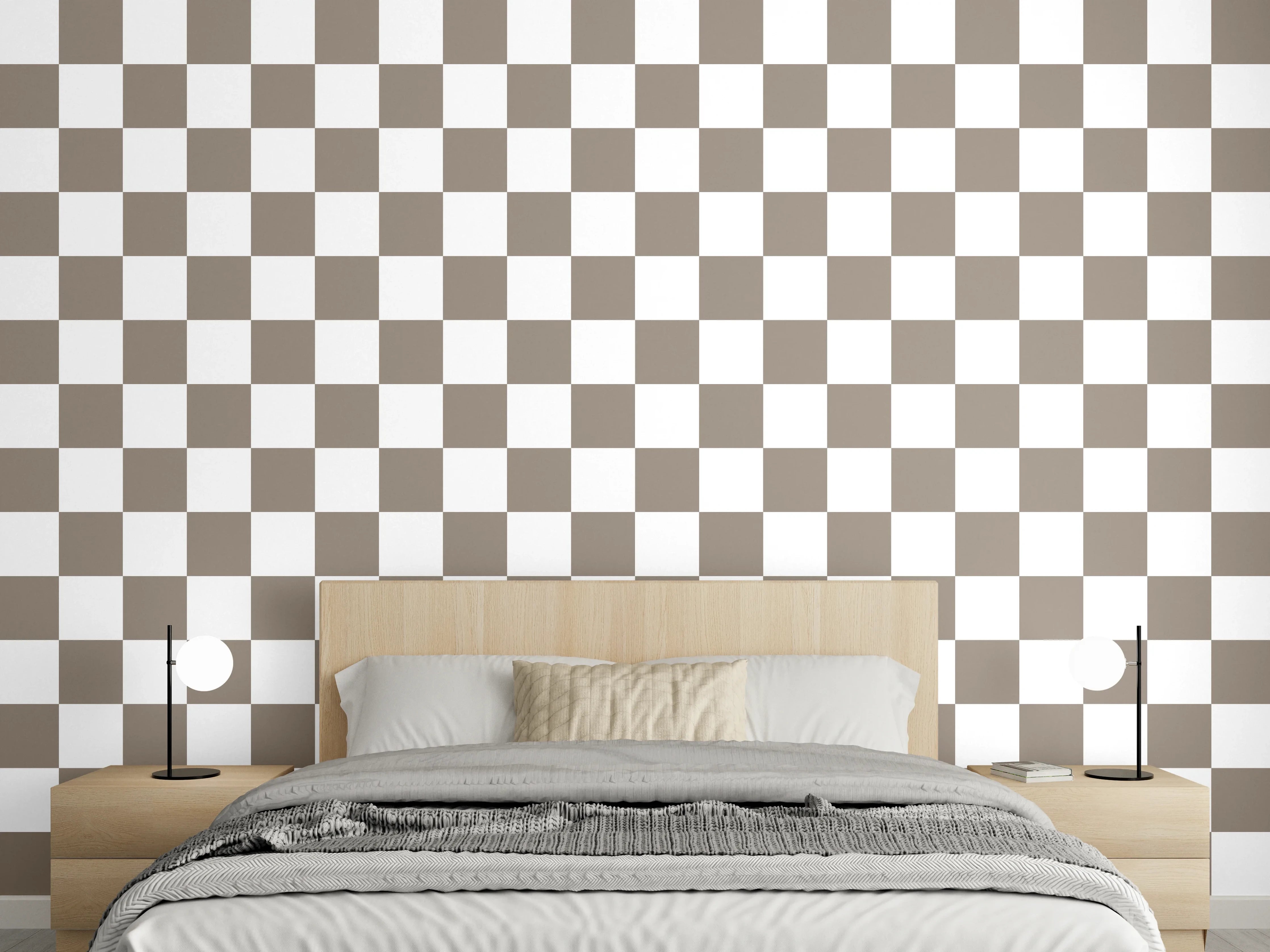 Wandverkleidung Schlafzimmer - Trendiges Schachbrettmuster Braun-Weiß