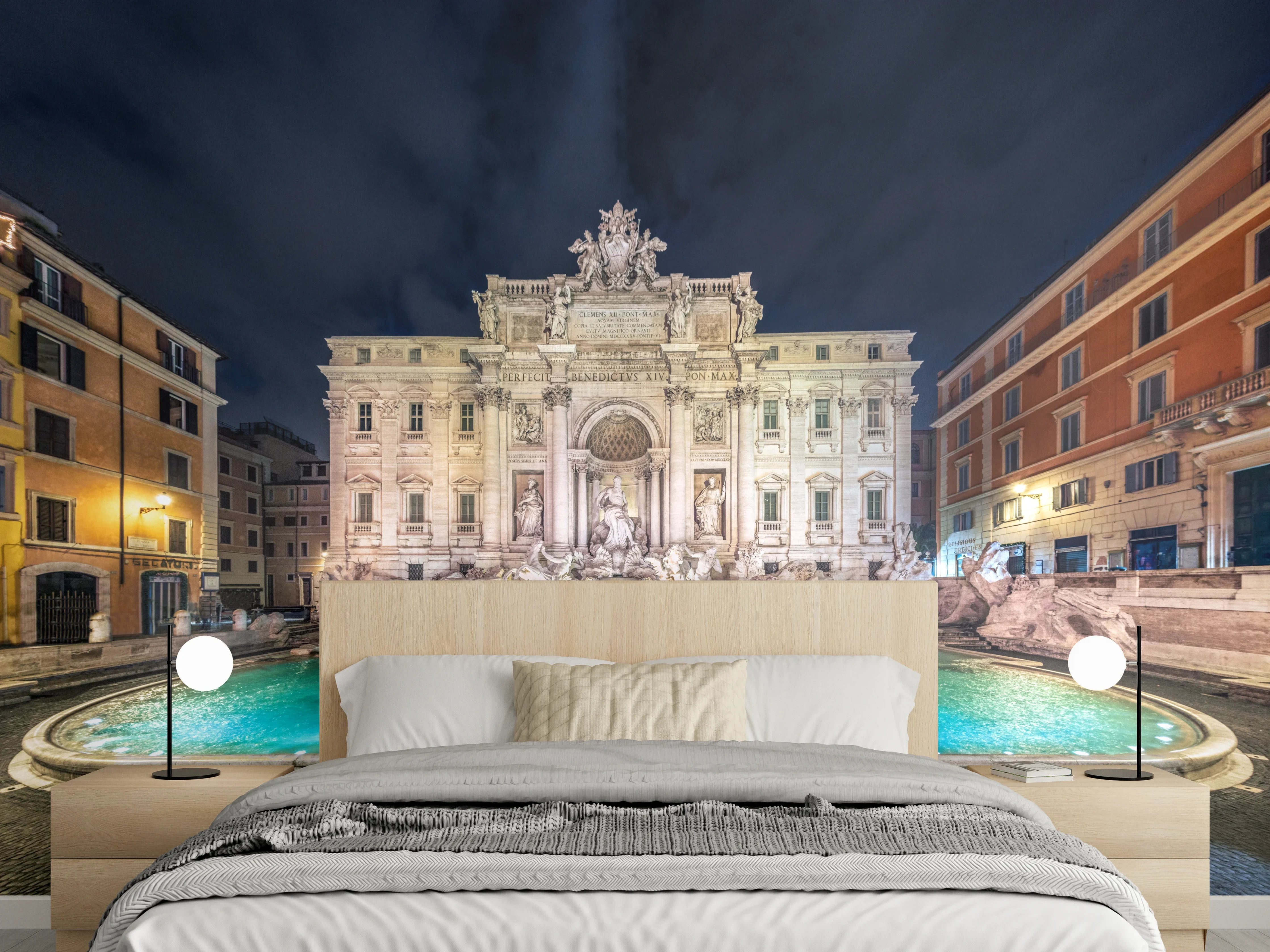 Wandverkleidung Schlafzimmer - Trevi-Brunnen Nacht Türkis-Beige