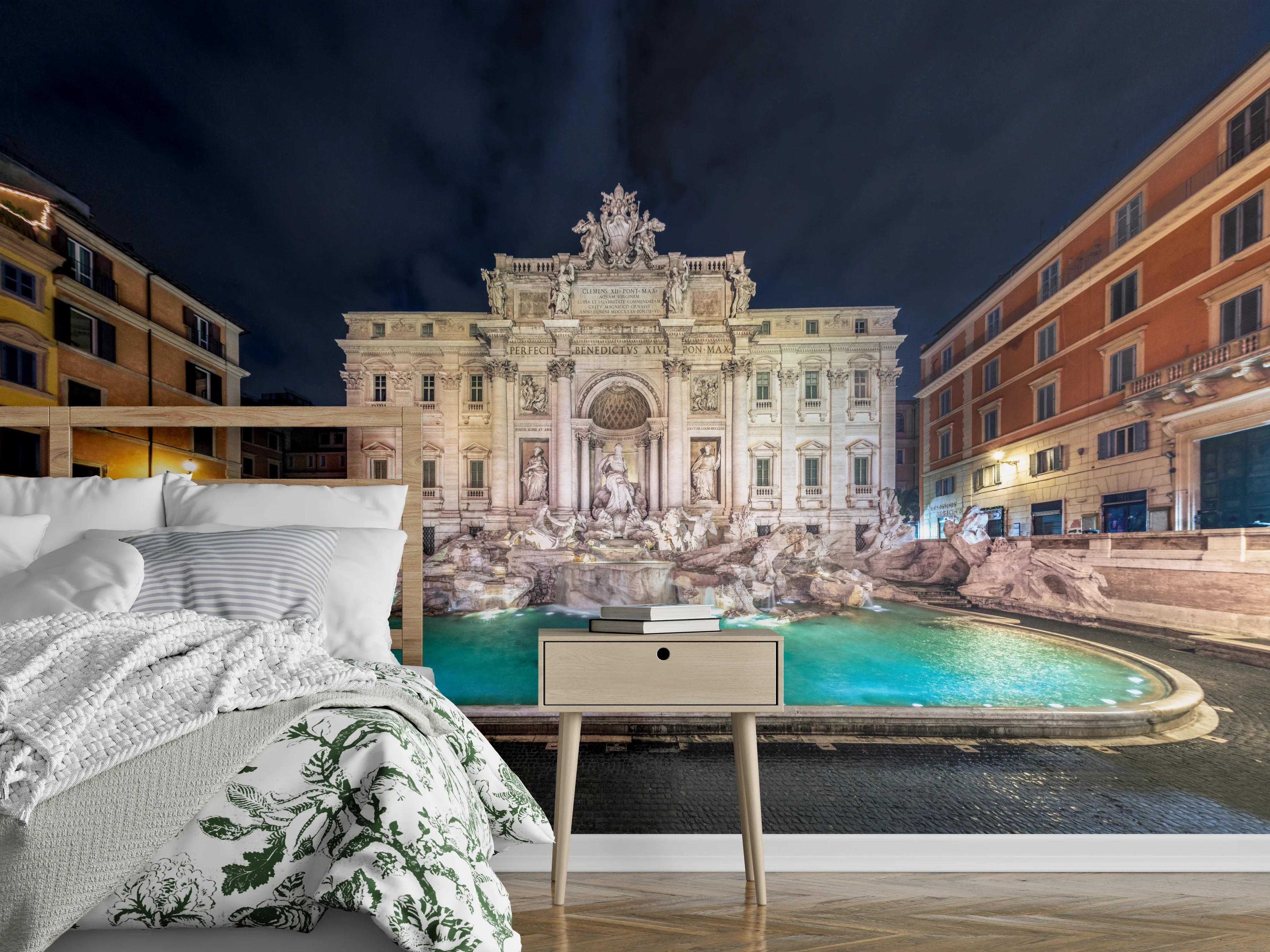 Wandverkleidung Schlafzimmer - Trevi-Brunnen Nacht Türkis-Beige