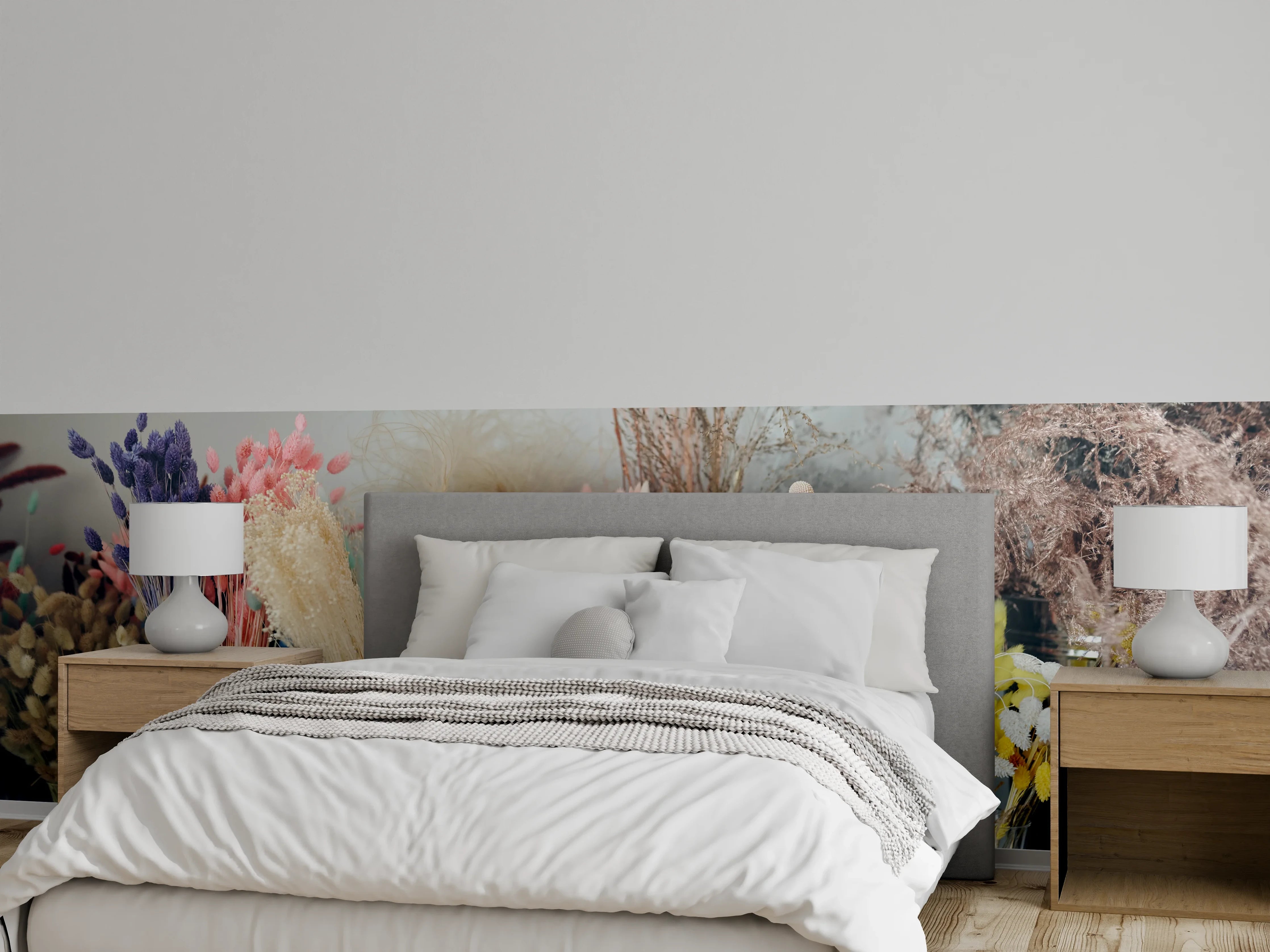 Wandverkleidung Schlafzimmer - Trockenblumen Bouquets in Vasen