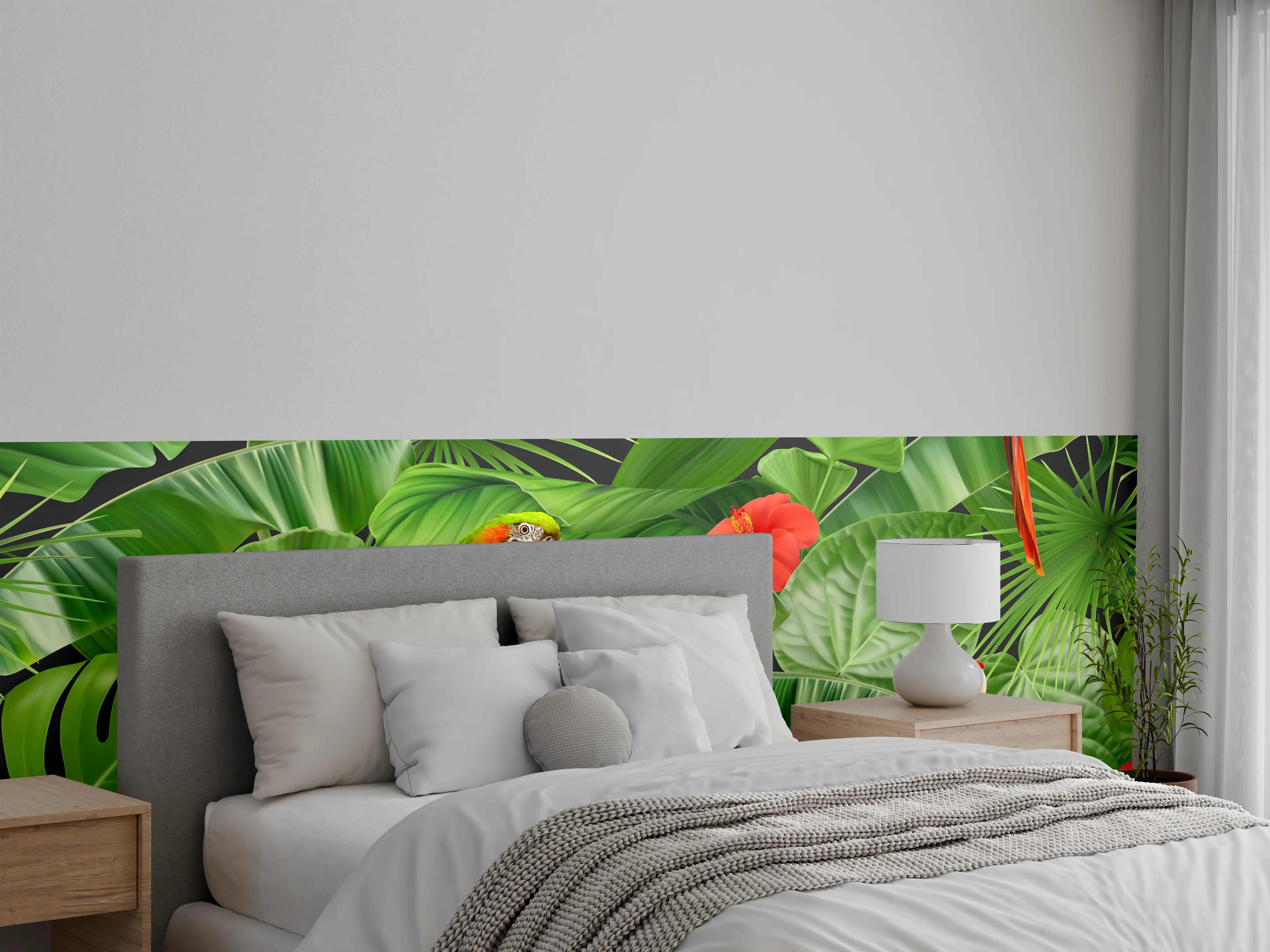 Wandverkleidung Schlafzimmer - Tropen-Papageien Dschungel-Muster
