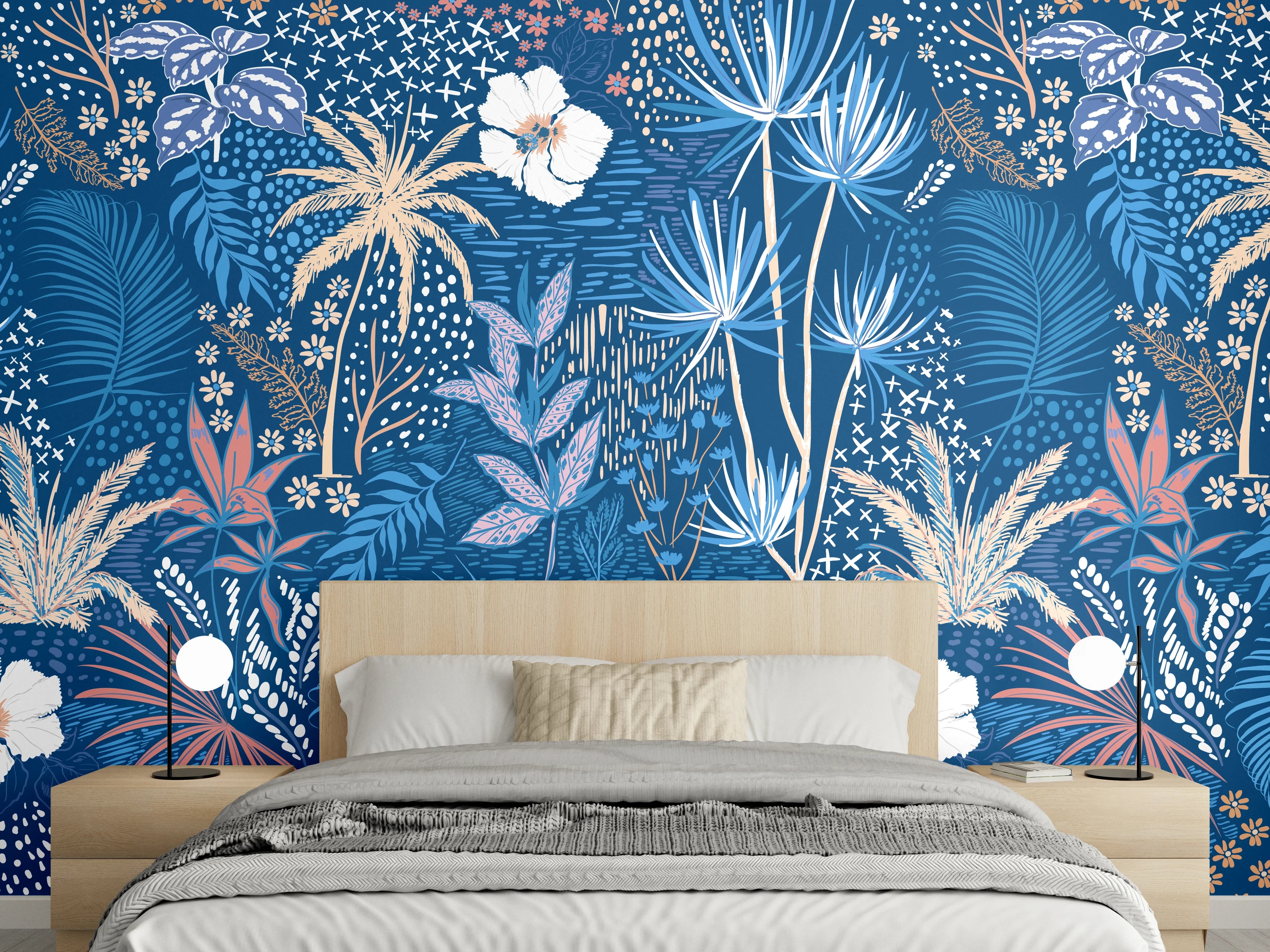 Wandverkleidung Schlafzimmer - Tropische Azurblätter