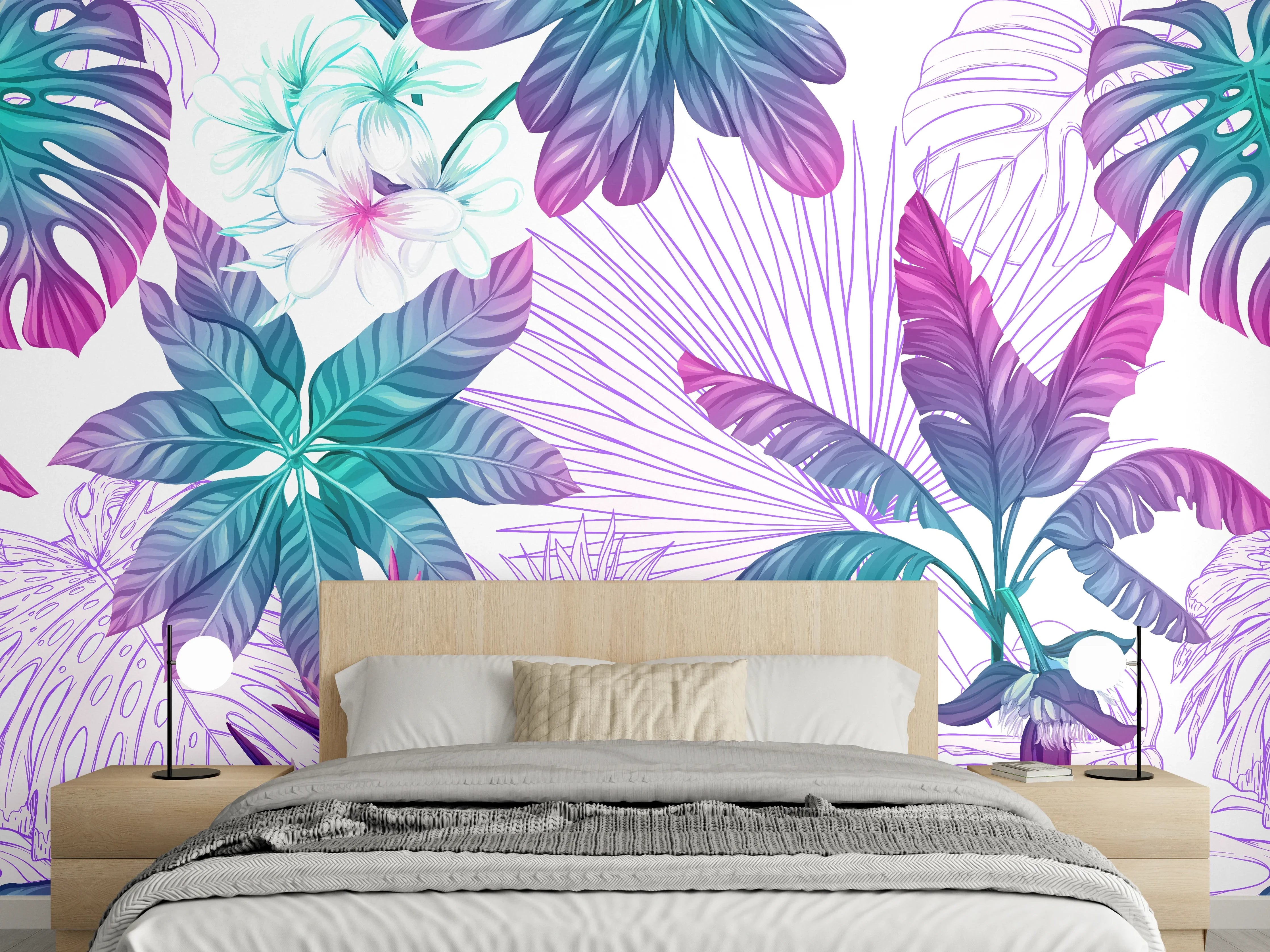 Wandverkleidung Schlafzimmer - Tropische Blätter Aquarell Muster