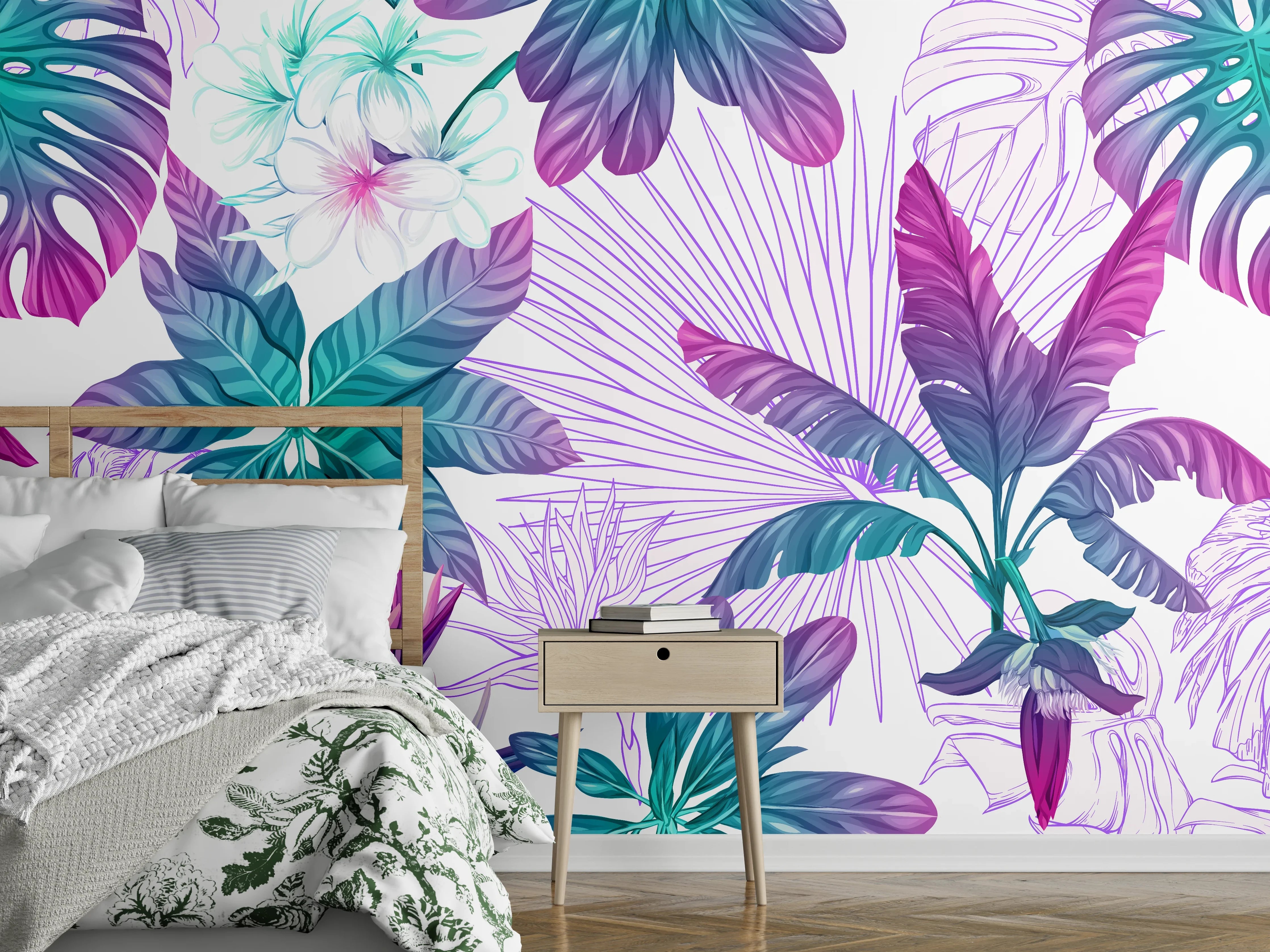 Wandverkleidung Schlafzimmer - Tropische Blätter Aquarell Muster
