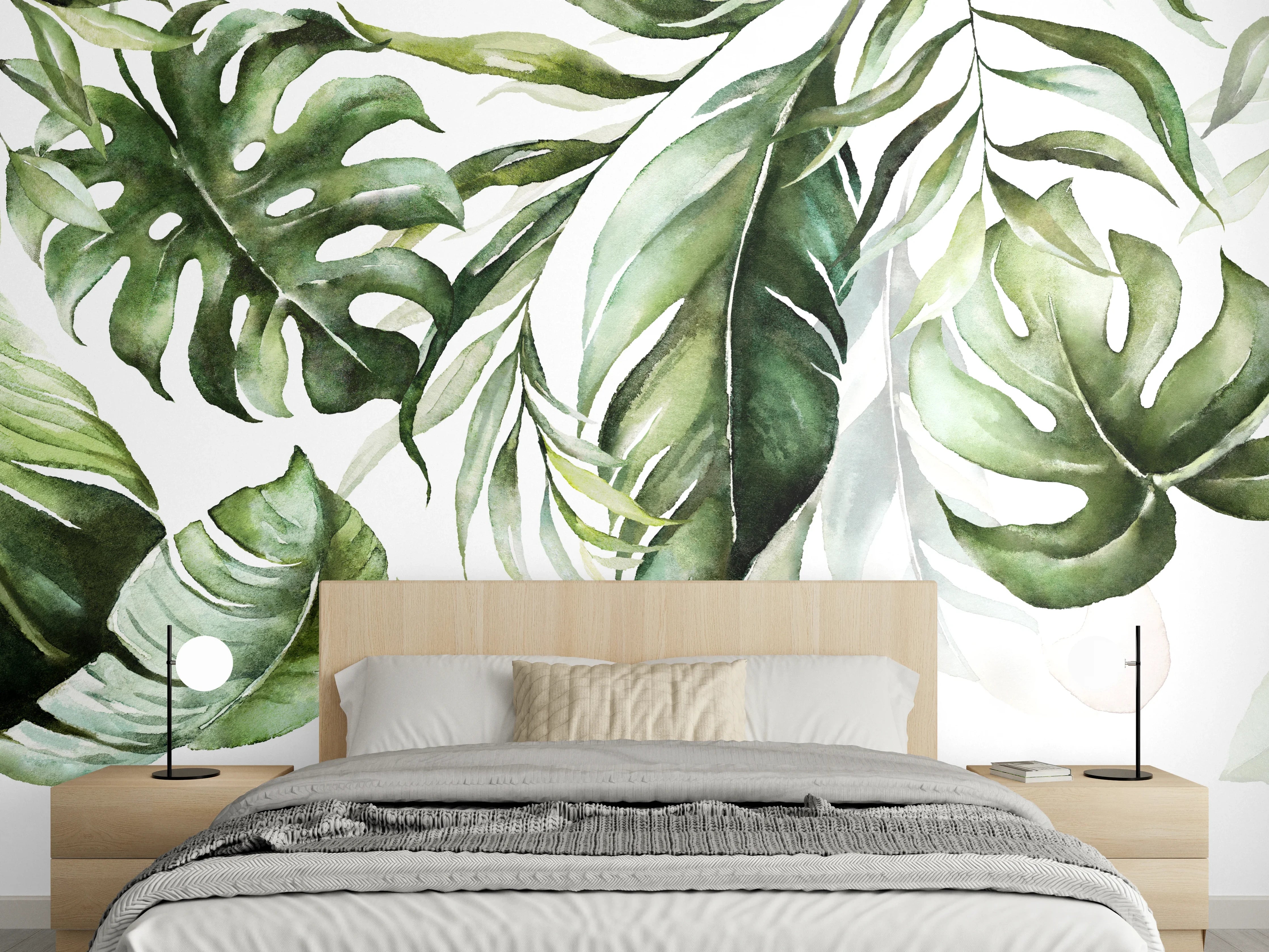 Wandverkleidung Schlafzimmer - Tropische Blätter Aquarell Wanddekor