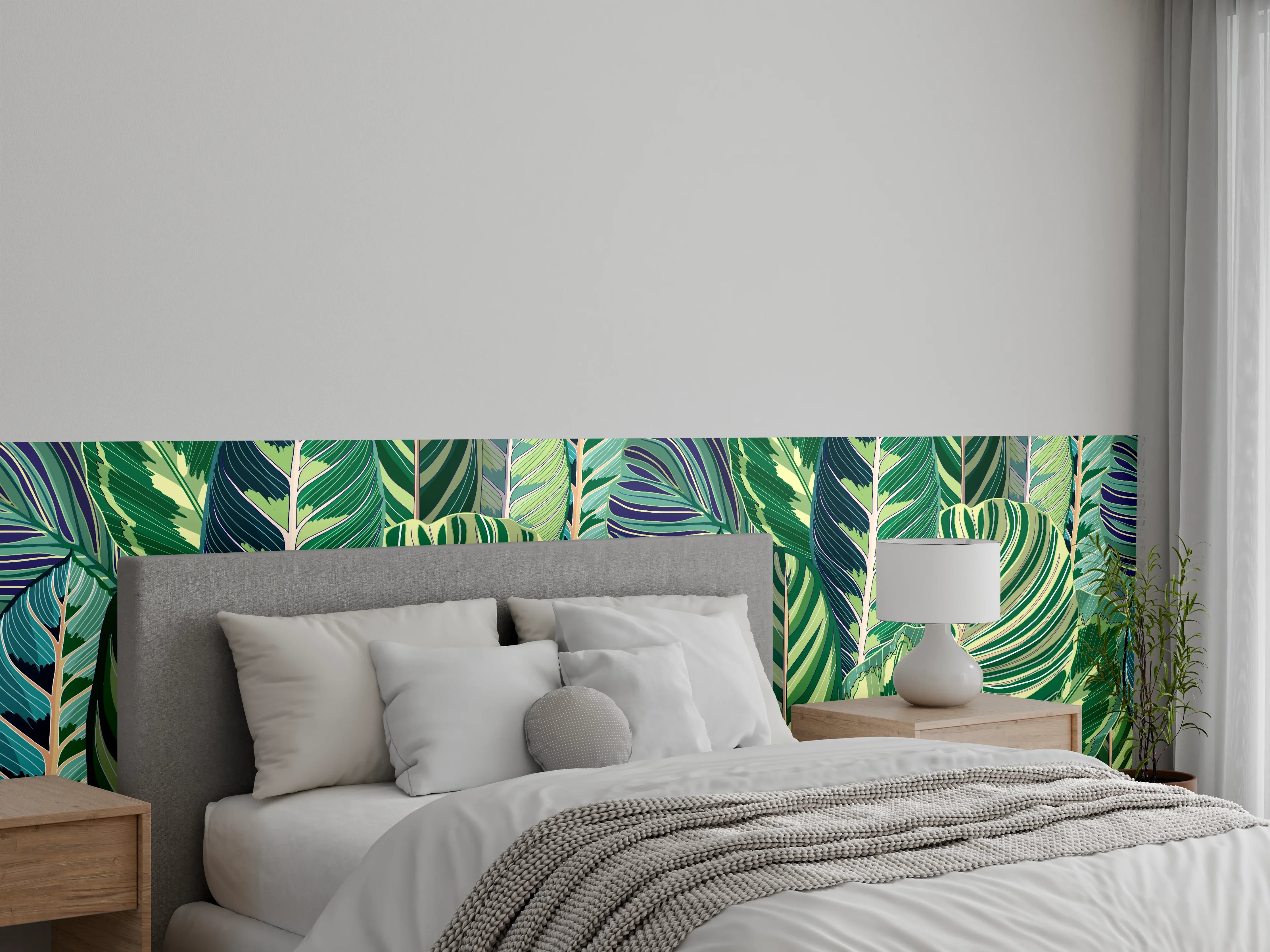 Wandverkleidung Schlafzimmer - Tropische Blätter Grün-Türkis-Lila
