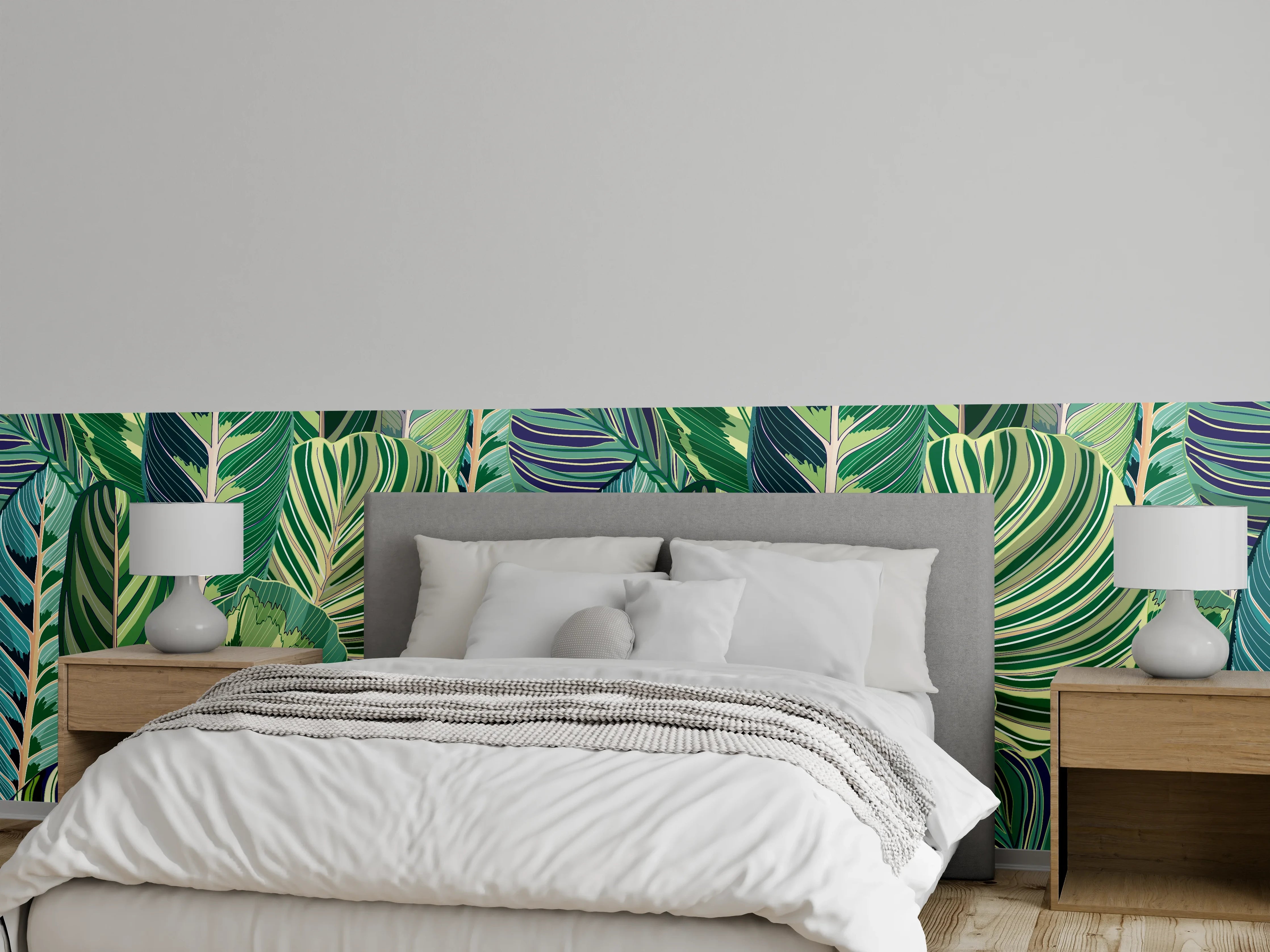 Wandverkleidung Schlafzimmer - Tropische Blätter Grün-Türkis-Lila