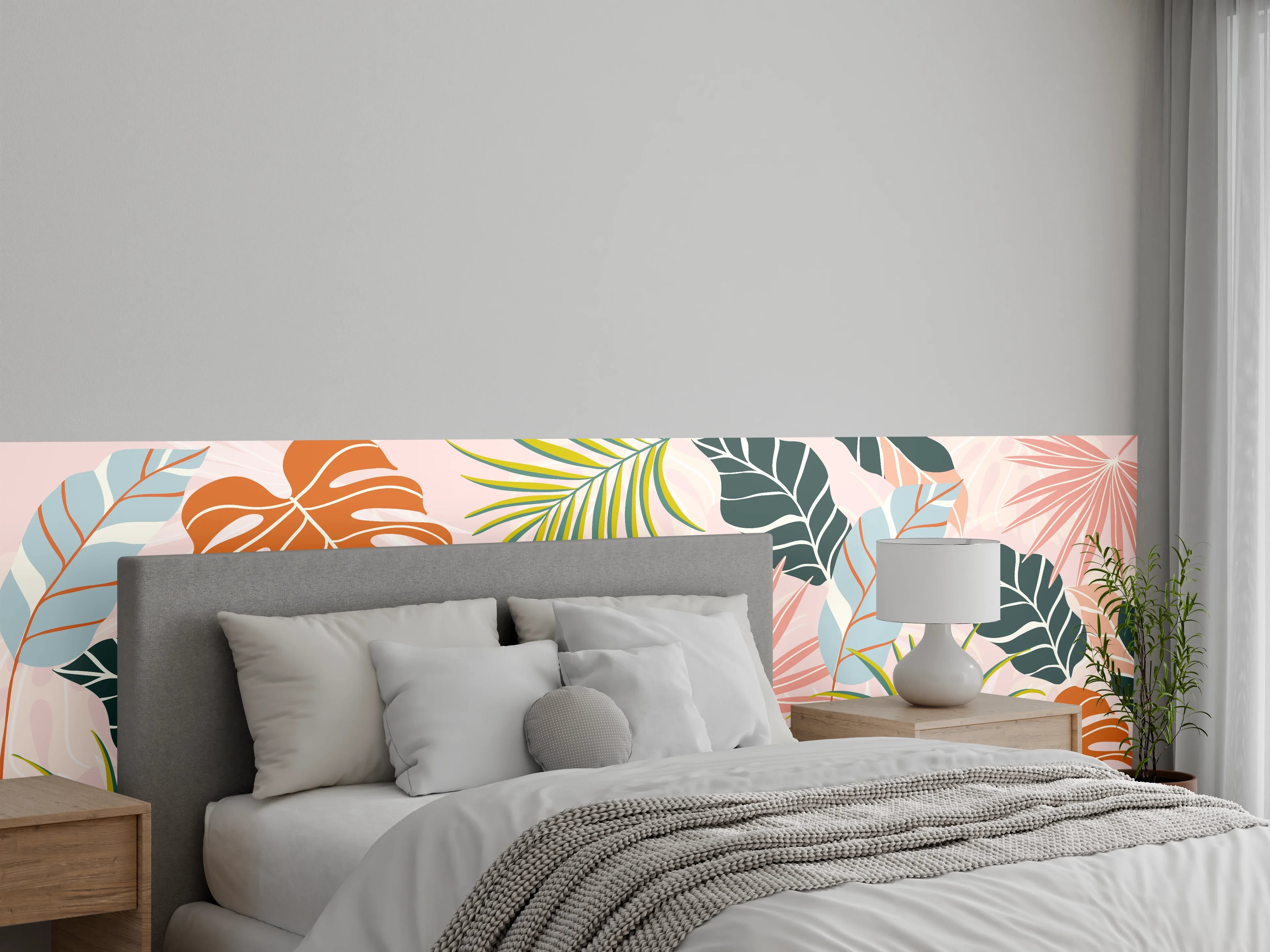 Wandverkleidung Schlafzimmer - Tropische Blätter Pastell Tapete