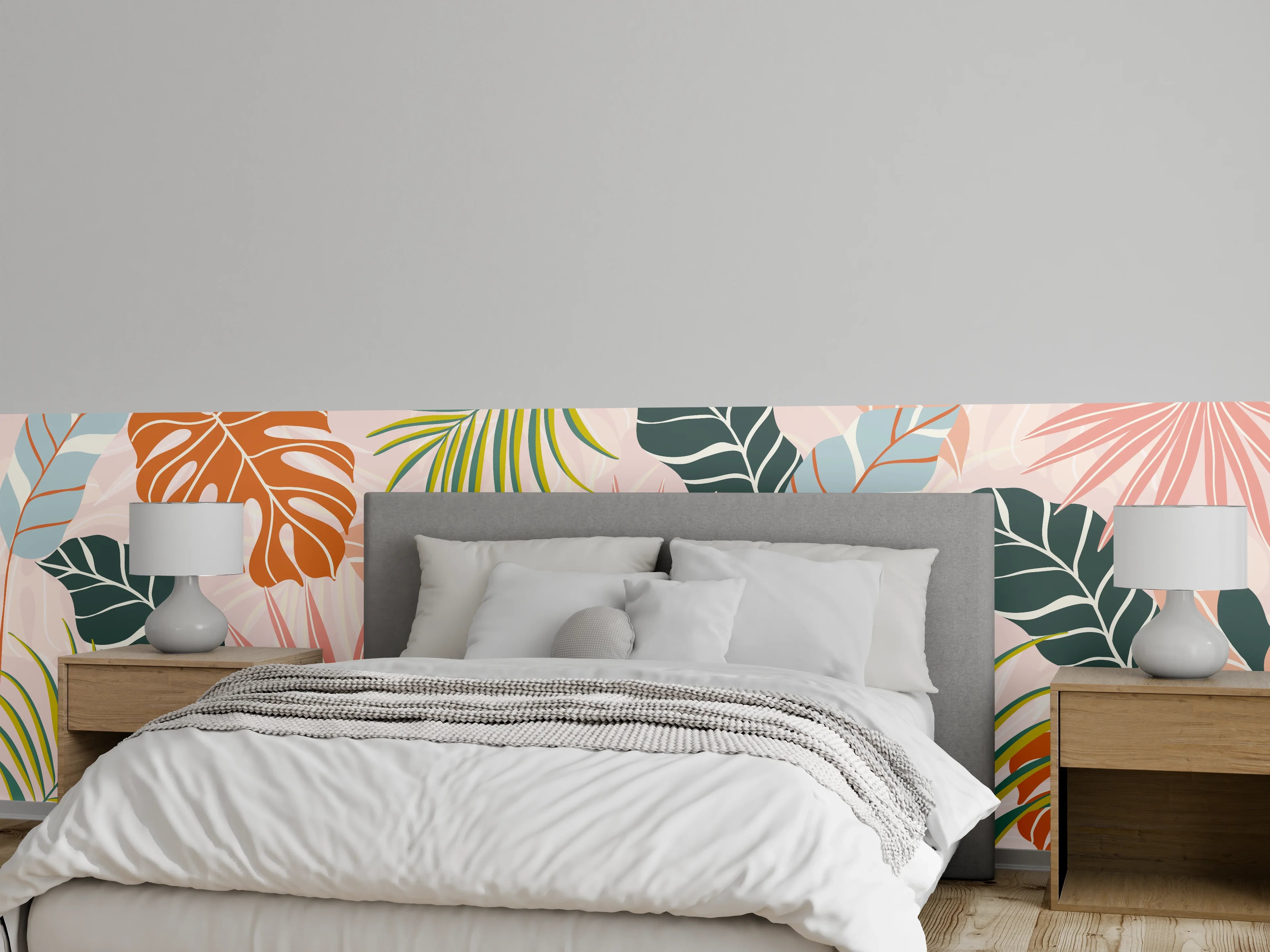 Wandverkleidung Schlafzimmer - Tropische Blätter Pastell Tapete