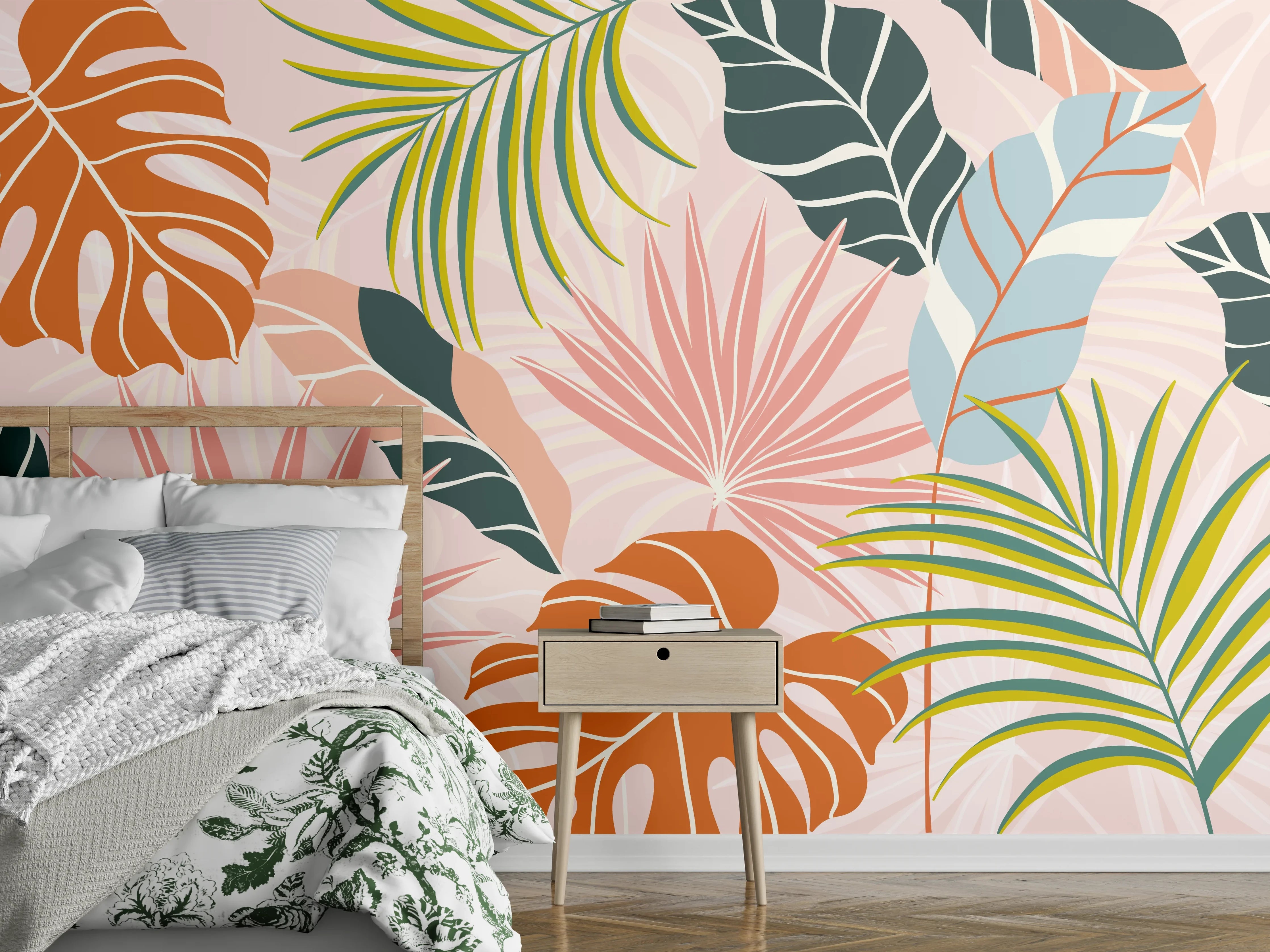 Wandverkleidung Schlafzimmer - Tropische Blätter Pastell Tapete