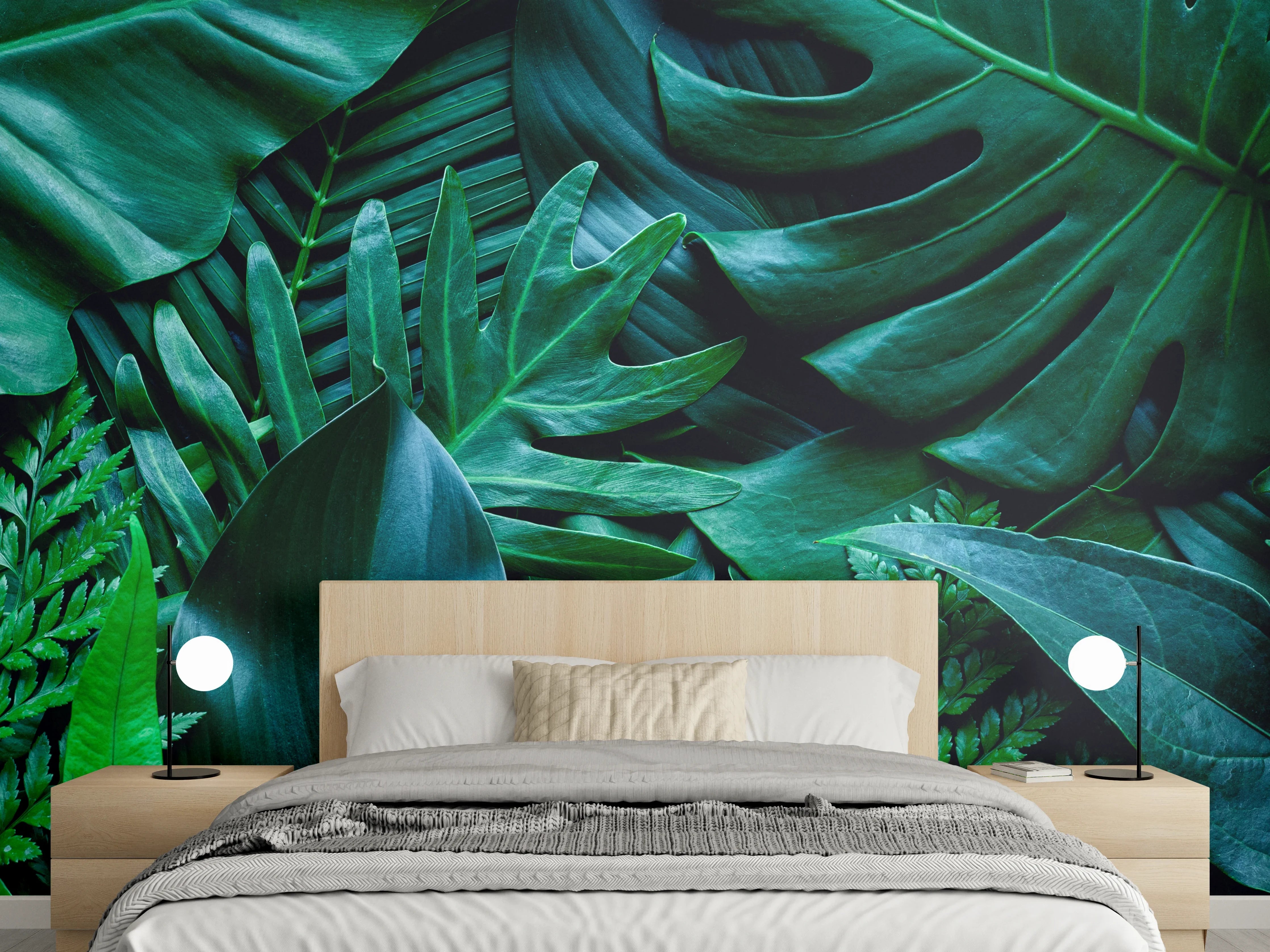 Wandverkleidung Schlafzimmer - Tropische Blätter grün Wanddeko