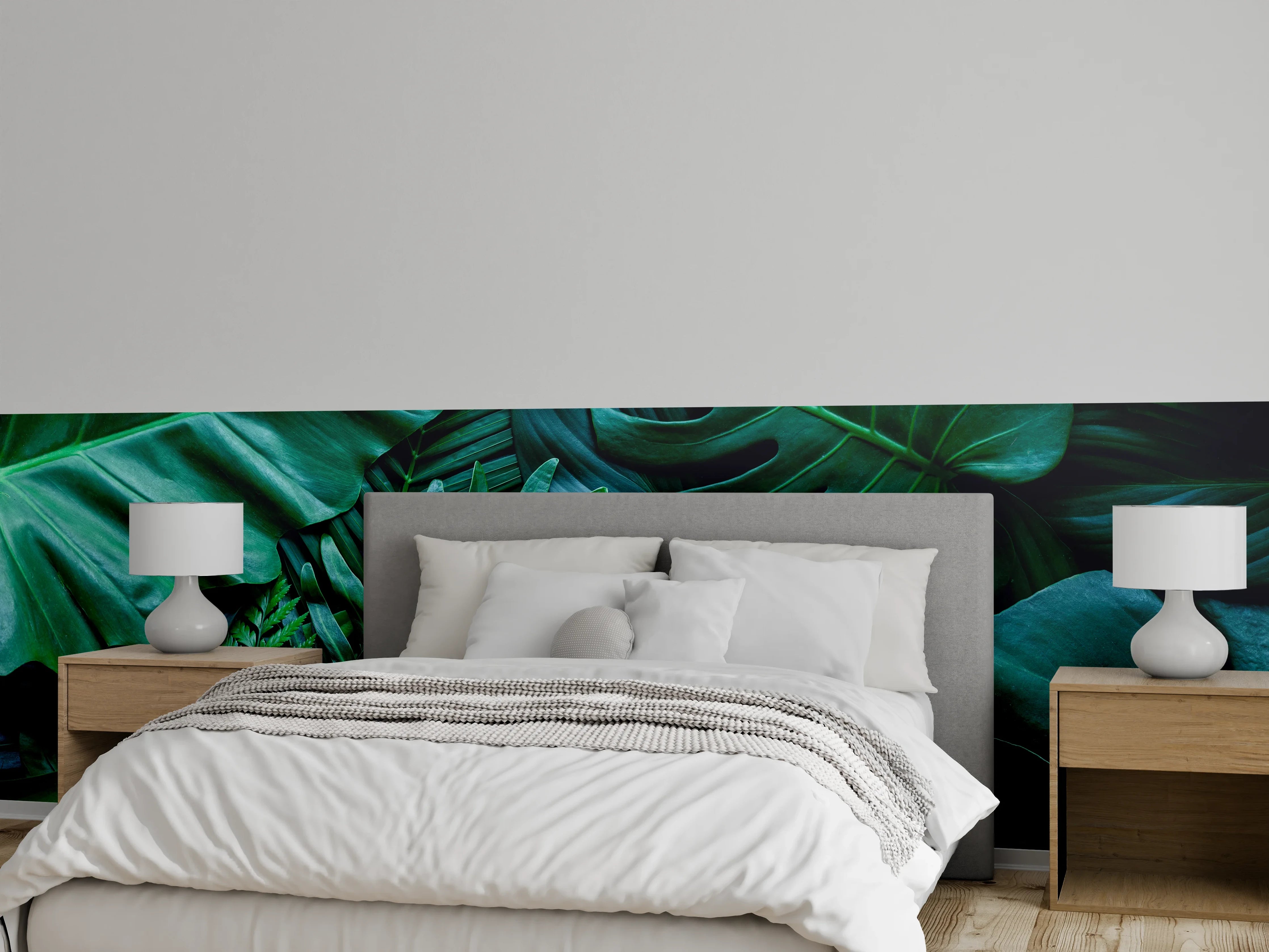 Wandverkleidung Schlafzimmer - Tropische Blätter grün Wanddeko