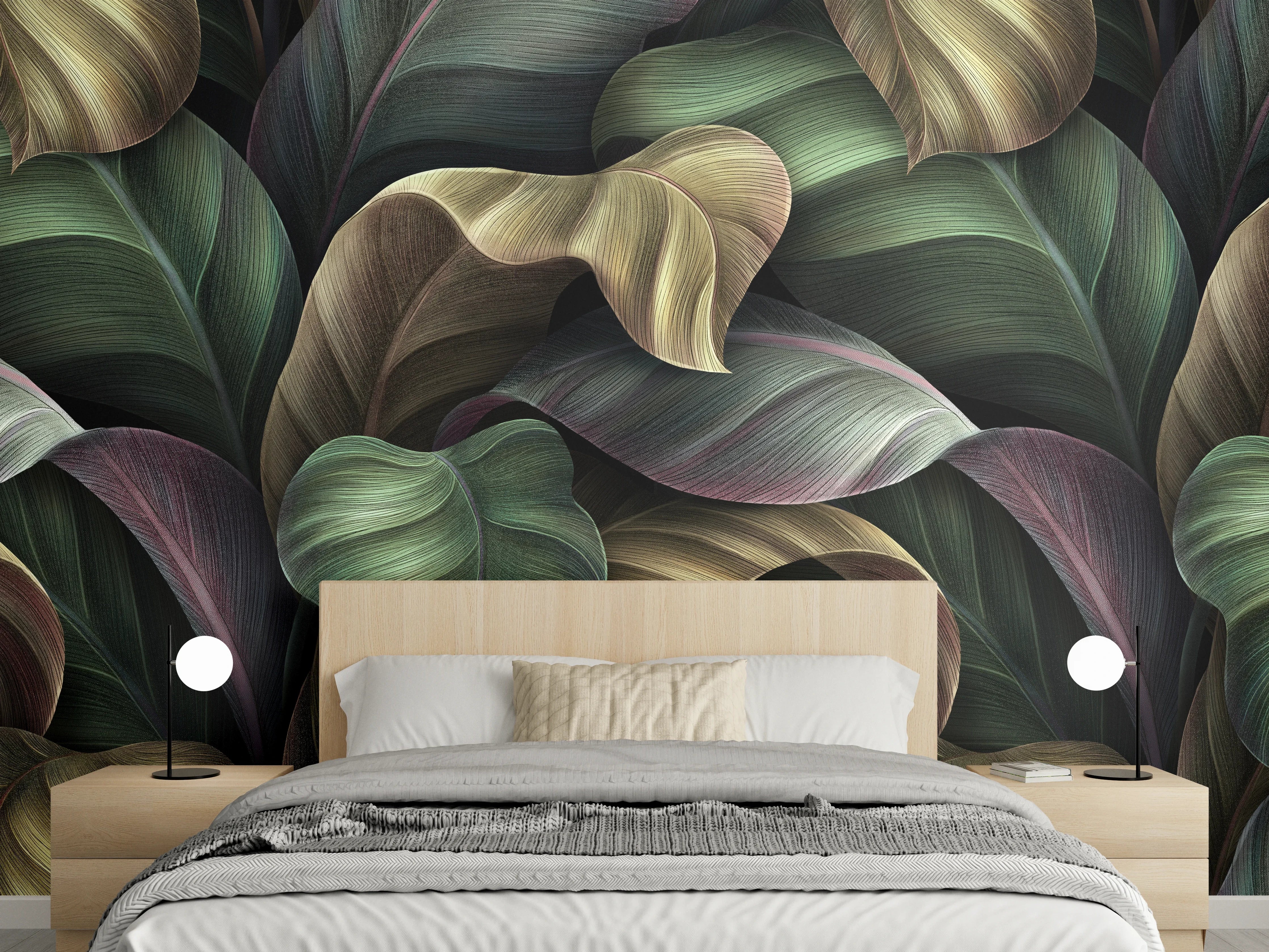 Wandverkleidung Schlafzimmer - Tropische Blätter in Gold - Malerei