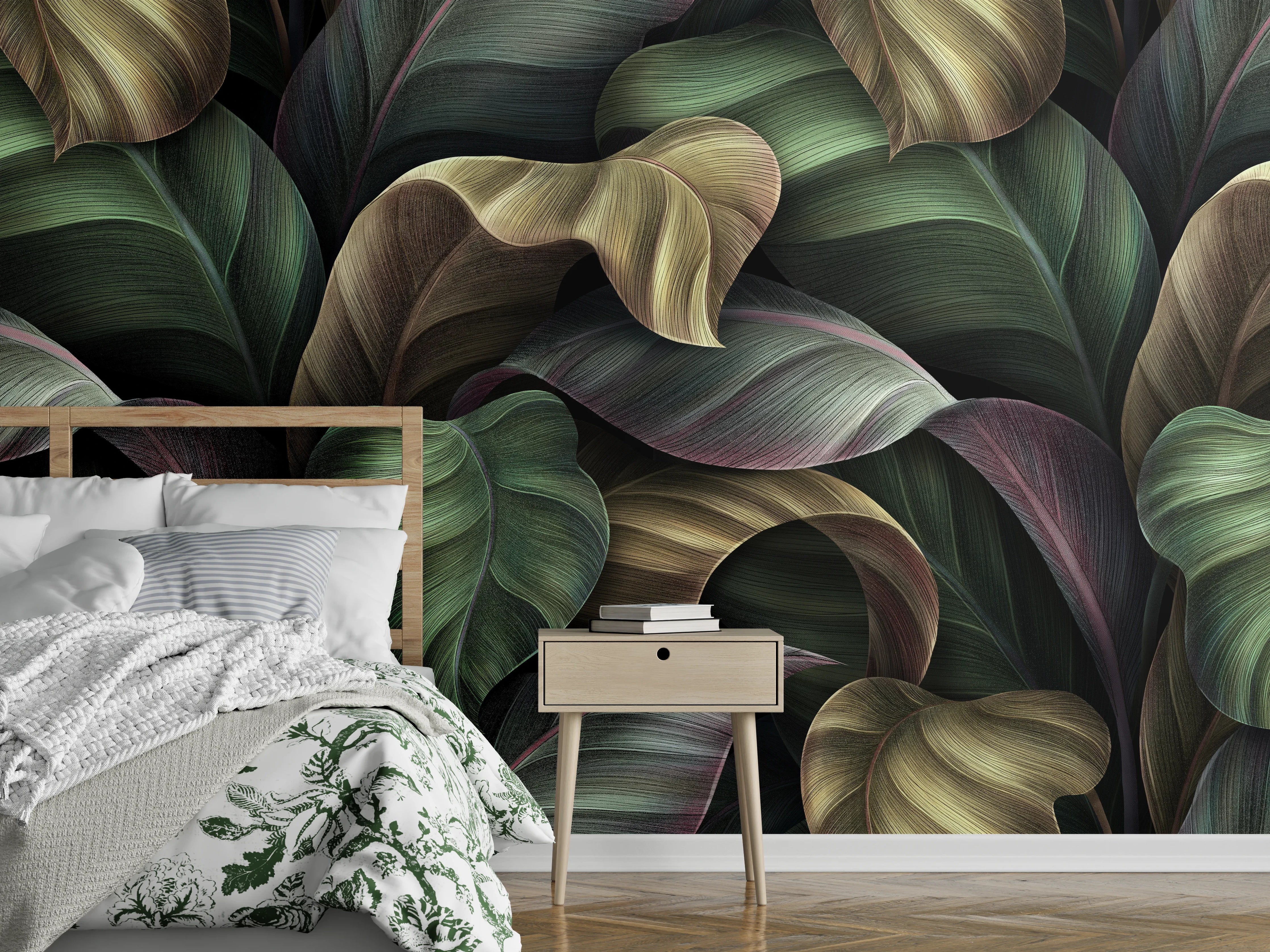 Wandverkleidung Schlafzimmer - Tropische Blätter in Gold - Malerei
