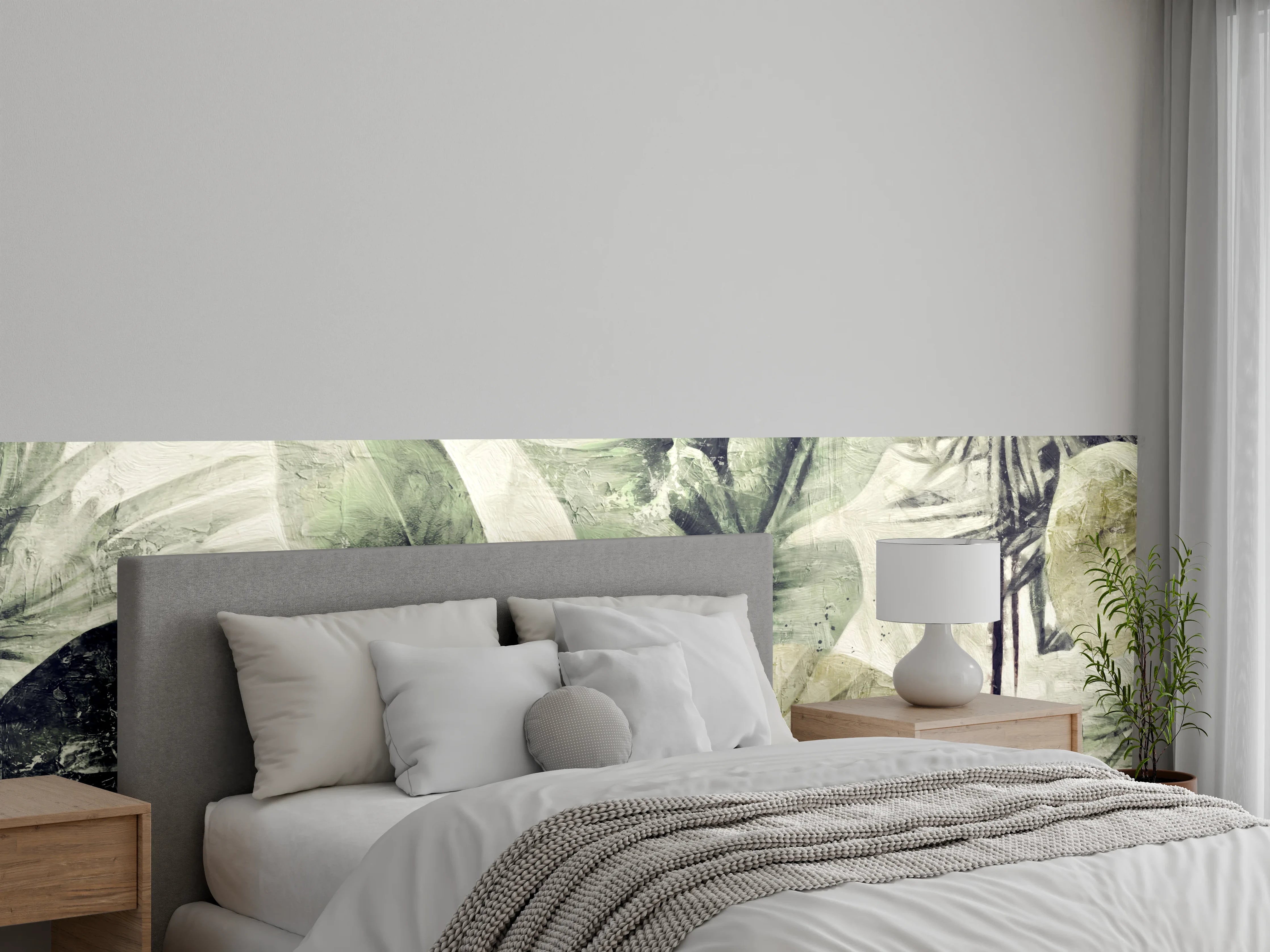 Wandverkleidung Schlafzimmer - Tropische Blätter in Grün und Grau