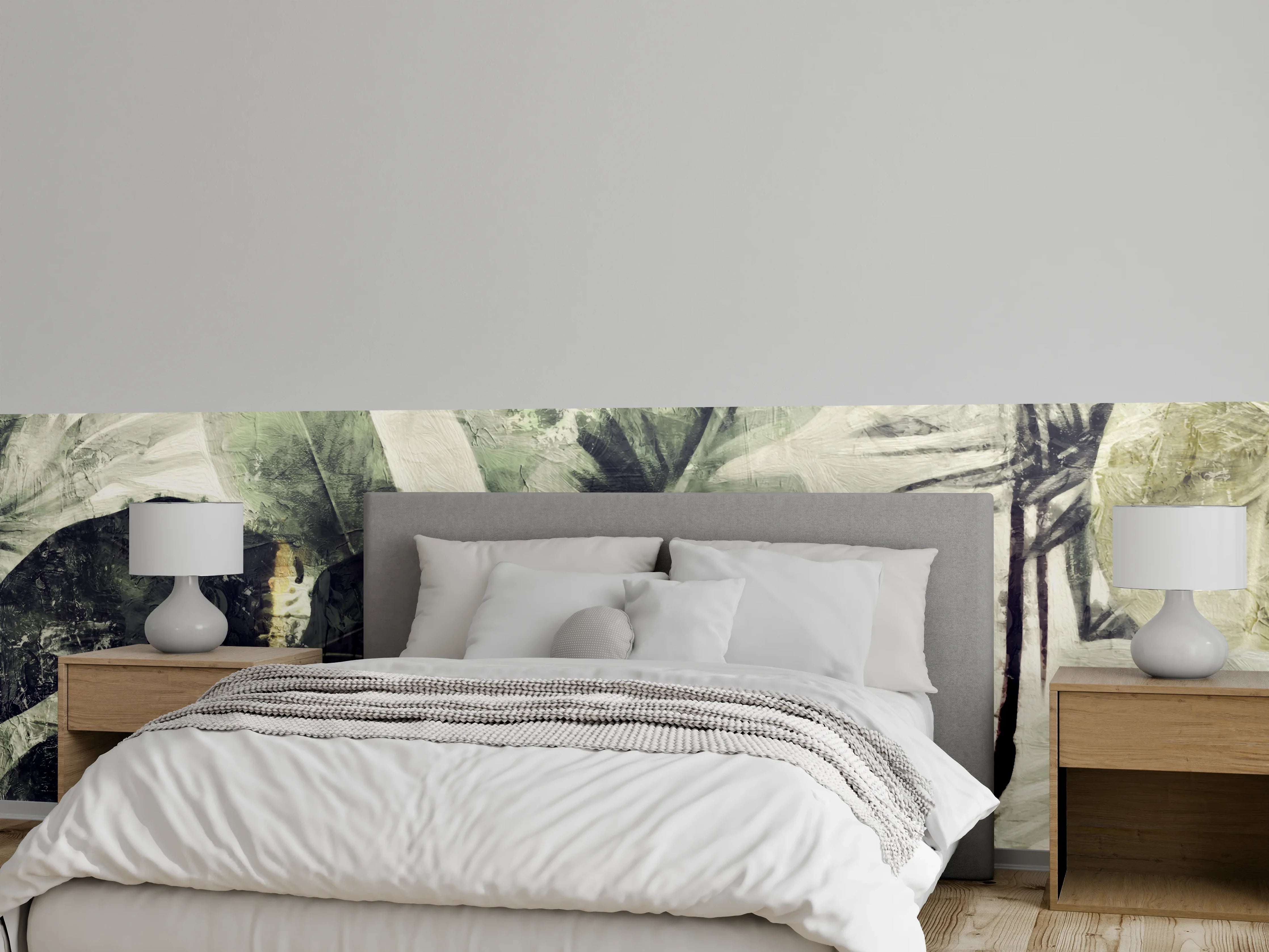 Wandverkleidung Schlafzimmer - Tropische Blätter in Grün und Grau
