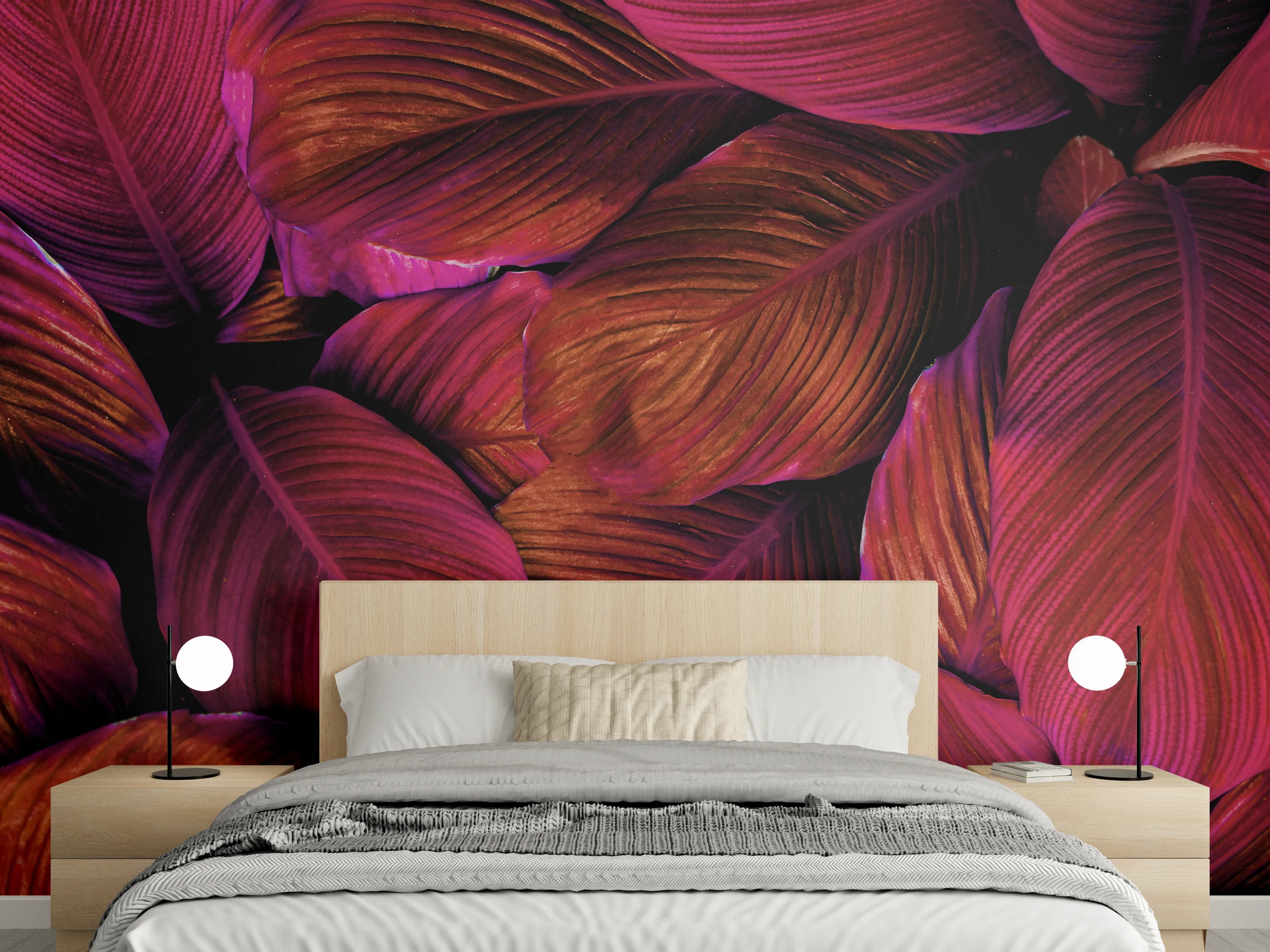 Wandverkleidung Schlafzimmer - Tropische Blätter in Magenta-Pink