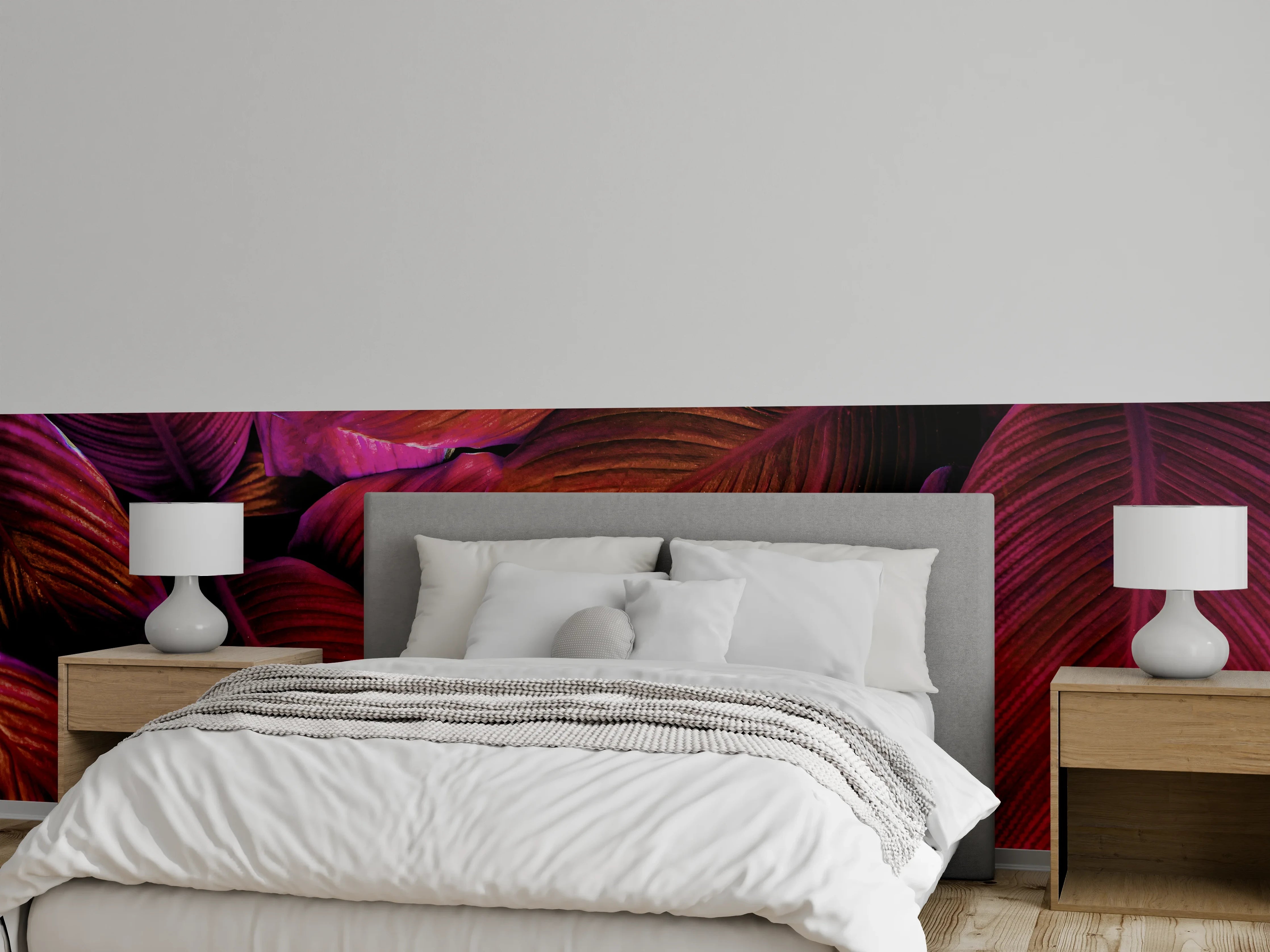 Wandverkleidung Schlafzimmer - Tropische Blätter in Magenta-Pink