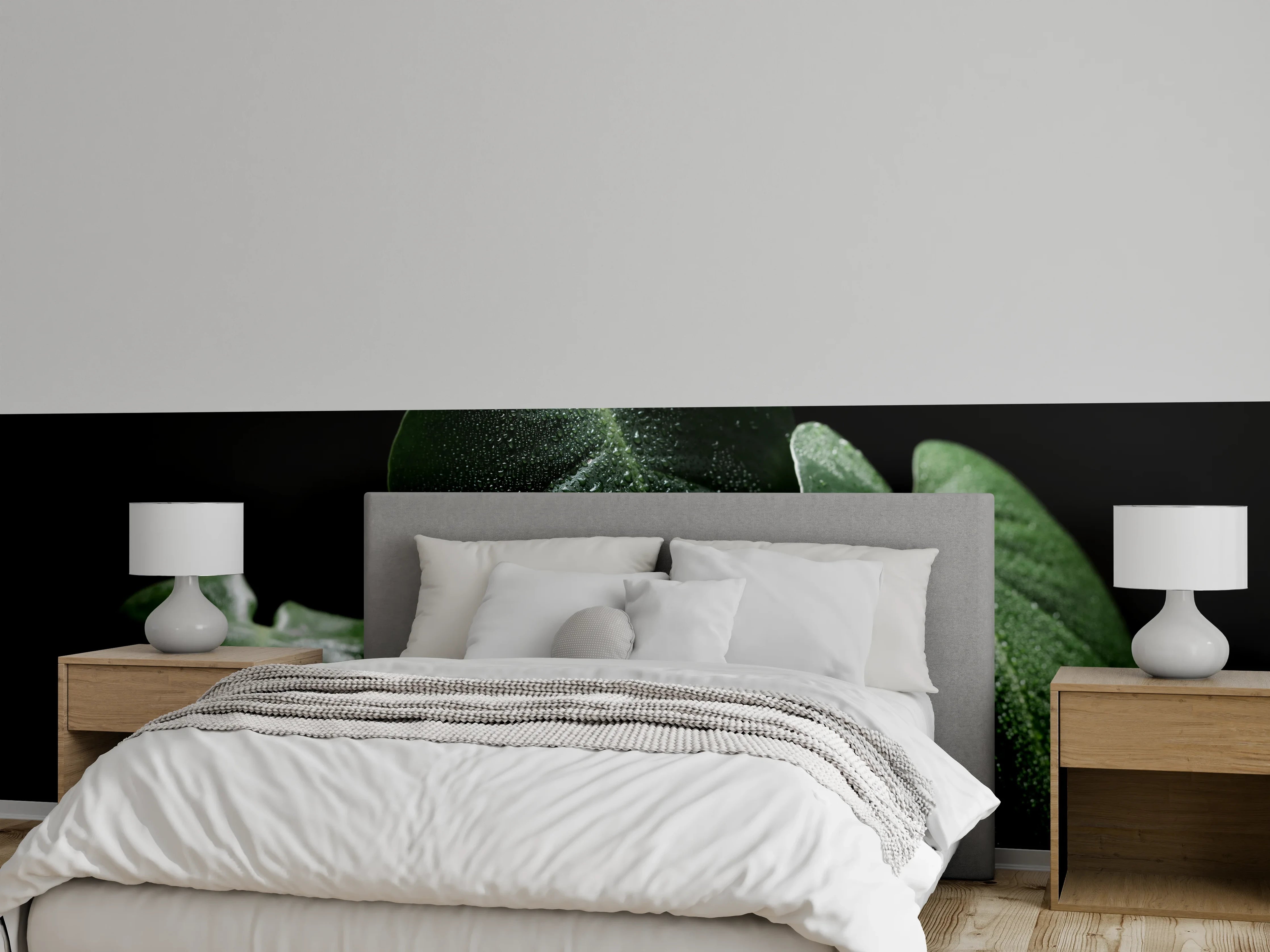 Wandverkleidung Schlafzimmer - Tropische Blätter mit Tautropfen Nahaufnahme