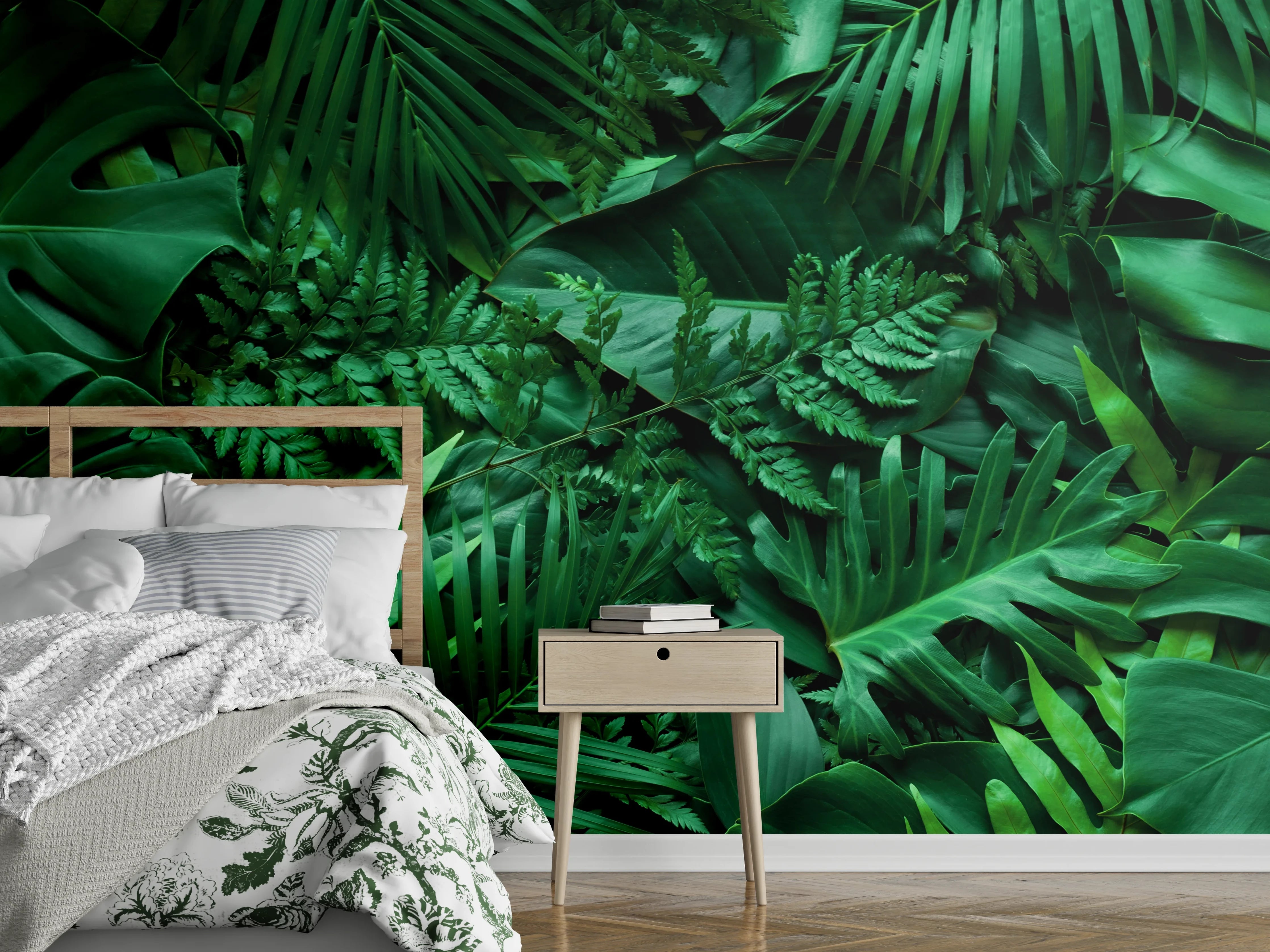 Wandverkleidung Schlafzimmer - Tropische Blätterpracht als Wanddekor