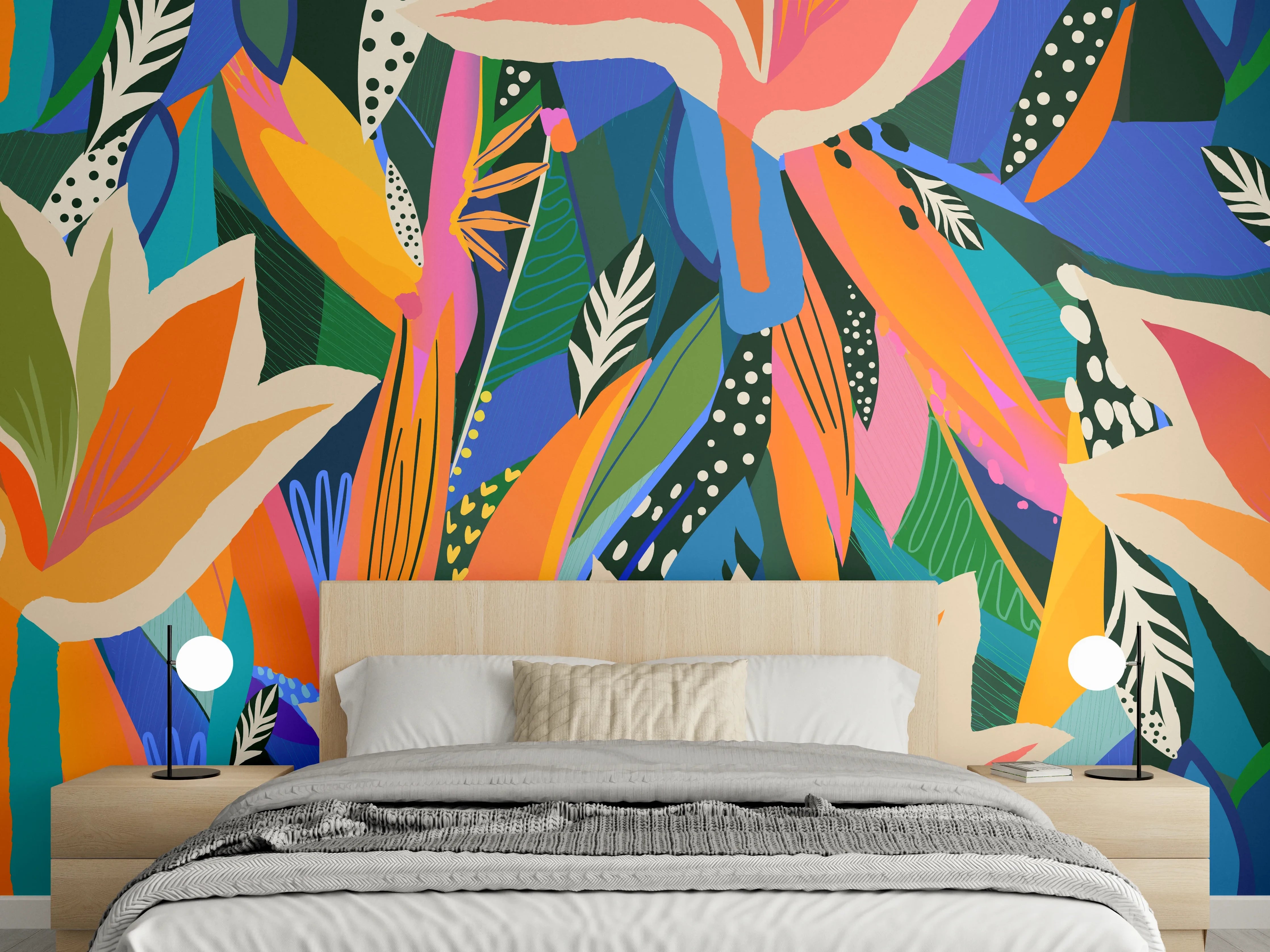 Wandverkleidung Schlafzimmer - Tropische Blüten Blau-Orange-Grün