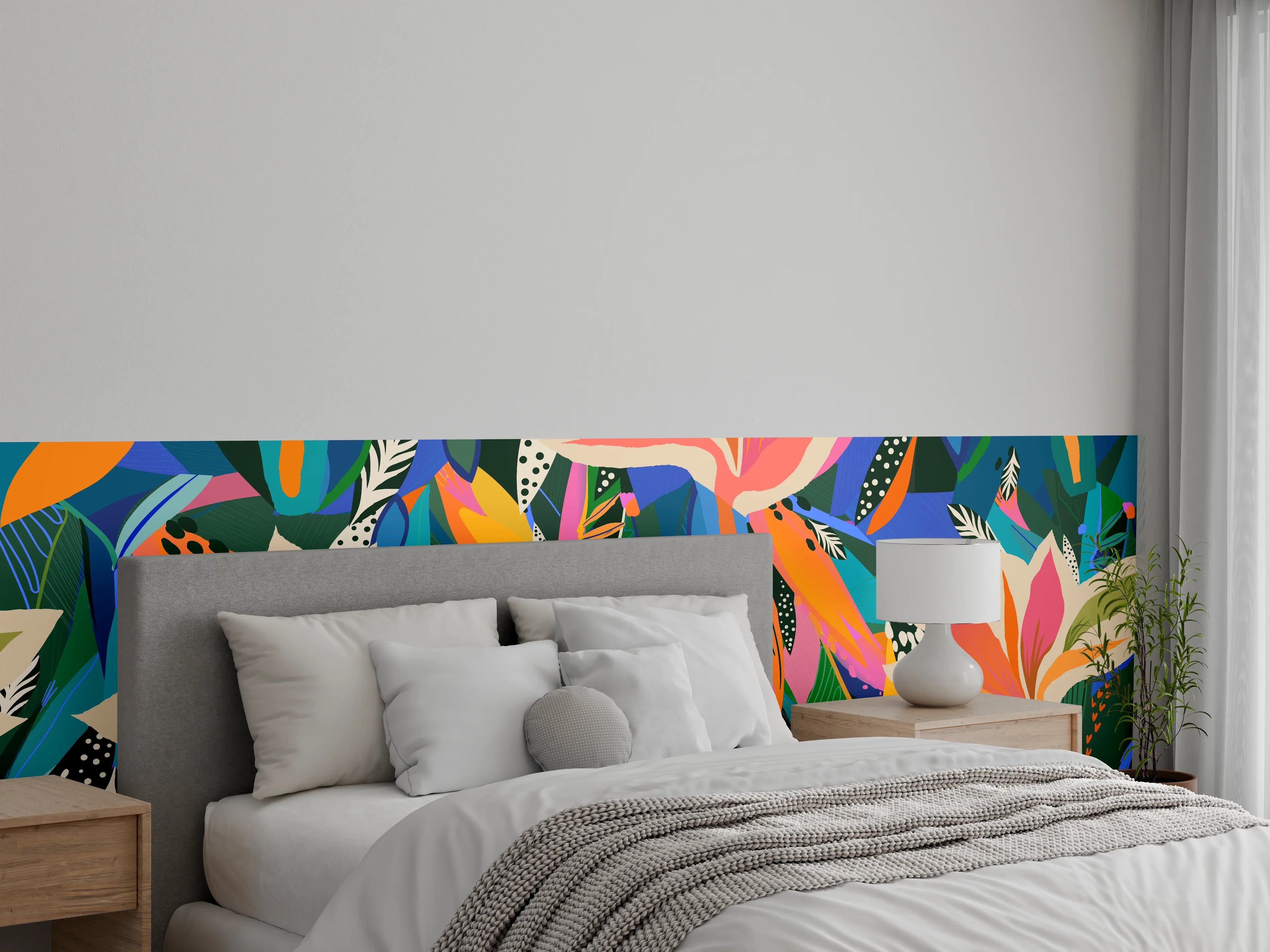 Wandverkleidung Schlafzimmer - Tropische Blüten Blau-Orange-Grün