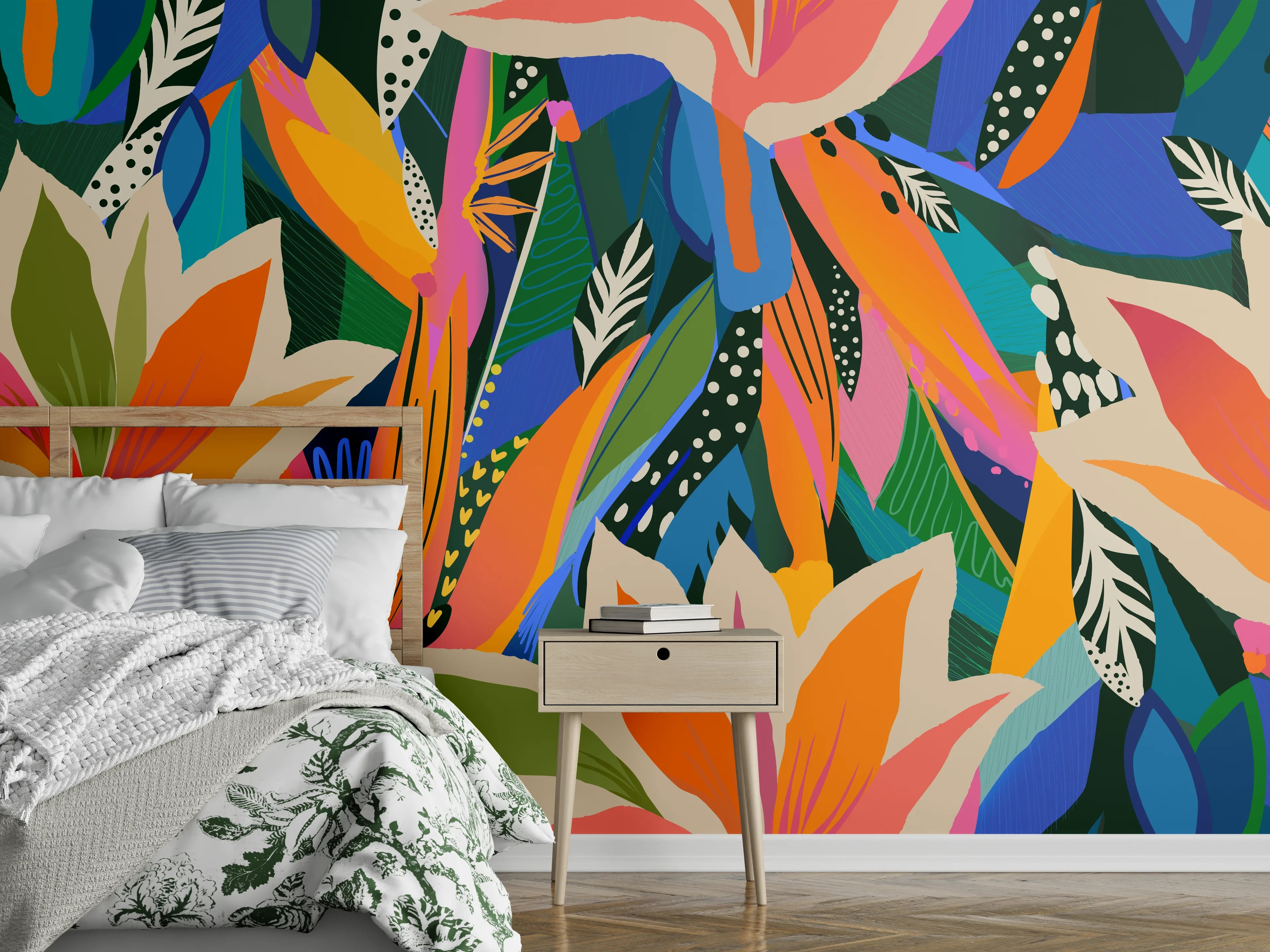 Wandverkleidung Schlafzimmer - Tropische Blüten Blau-Orange-Grün