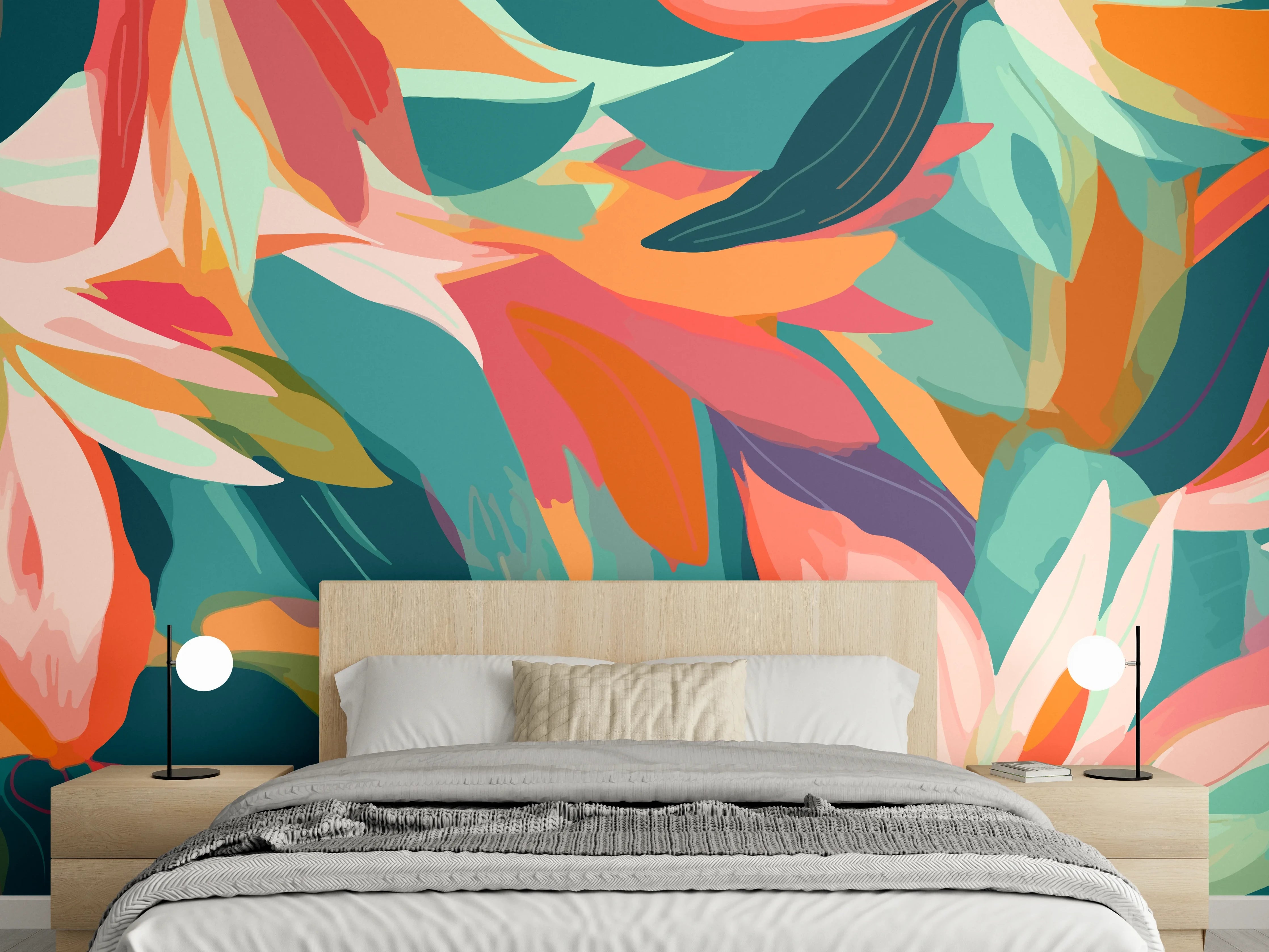Wandverkleidung Schlafzimmer - Tropische Blüten Türkis Koralle