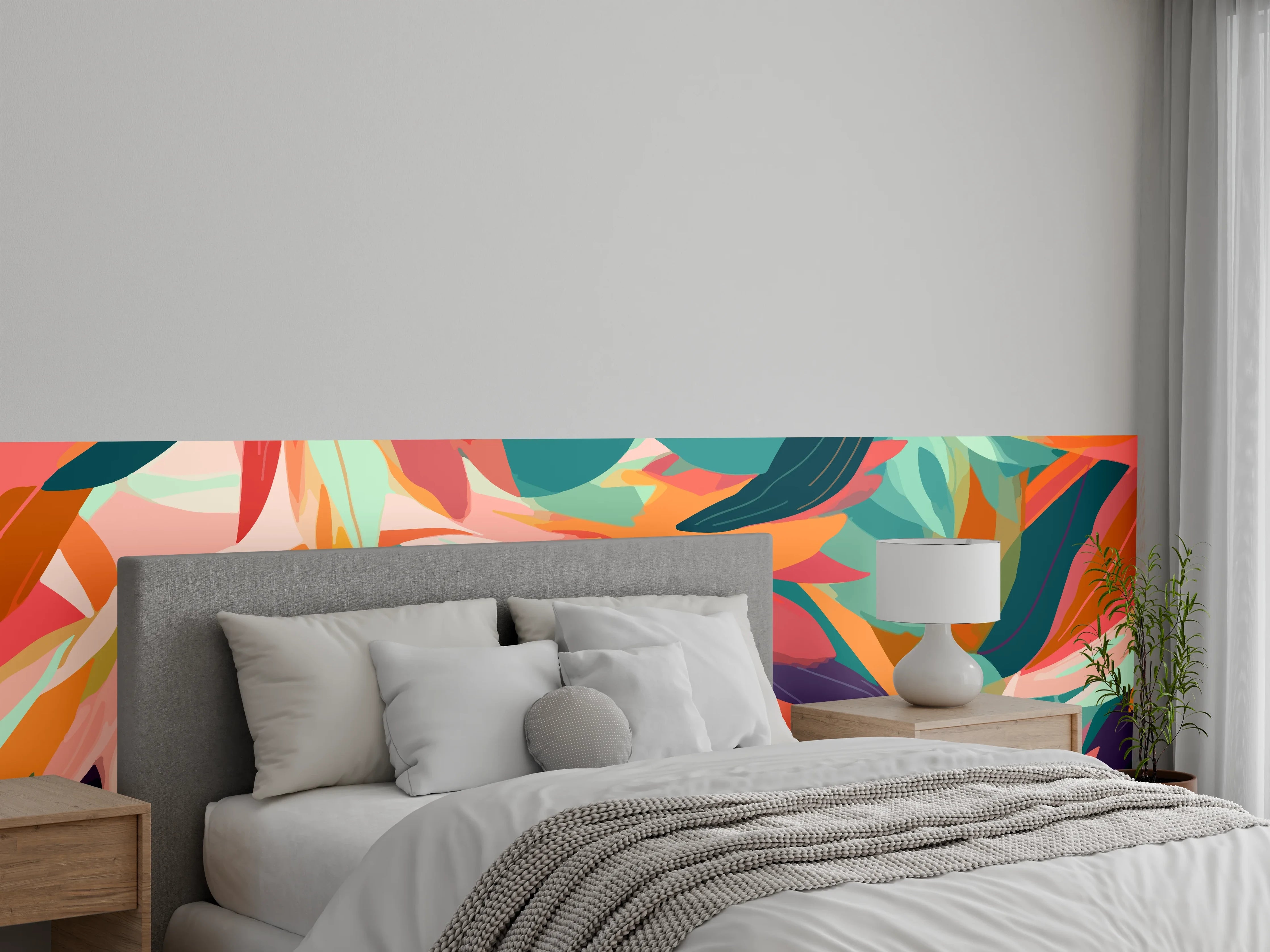 Wandverkleidung Schlafzimmer - Tropische Blüten Türkis Koralle