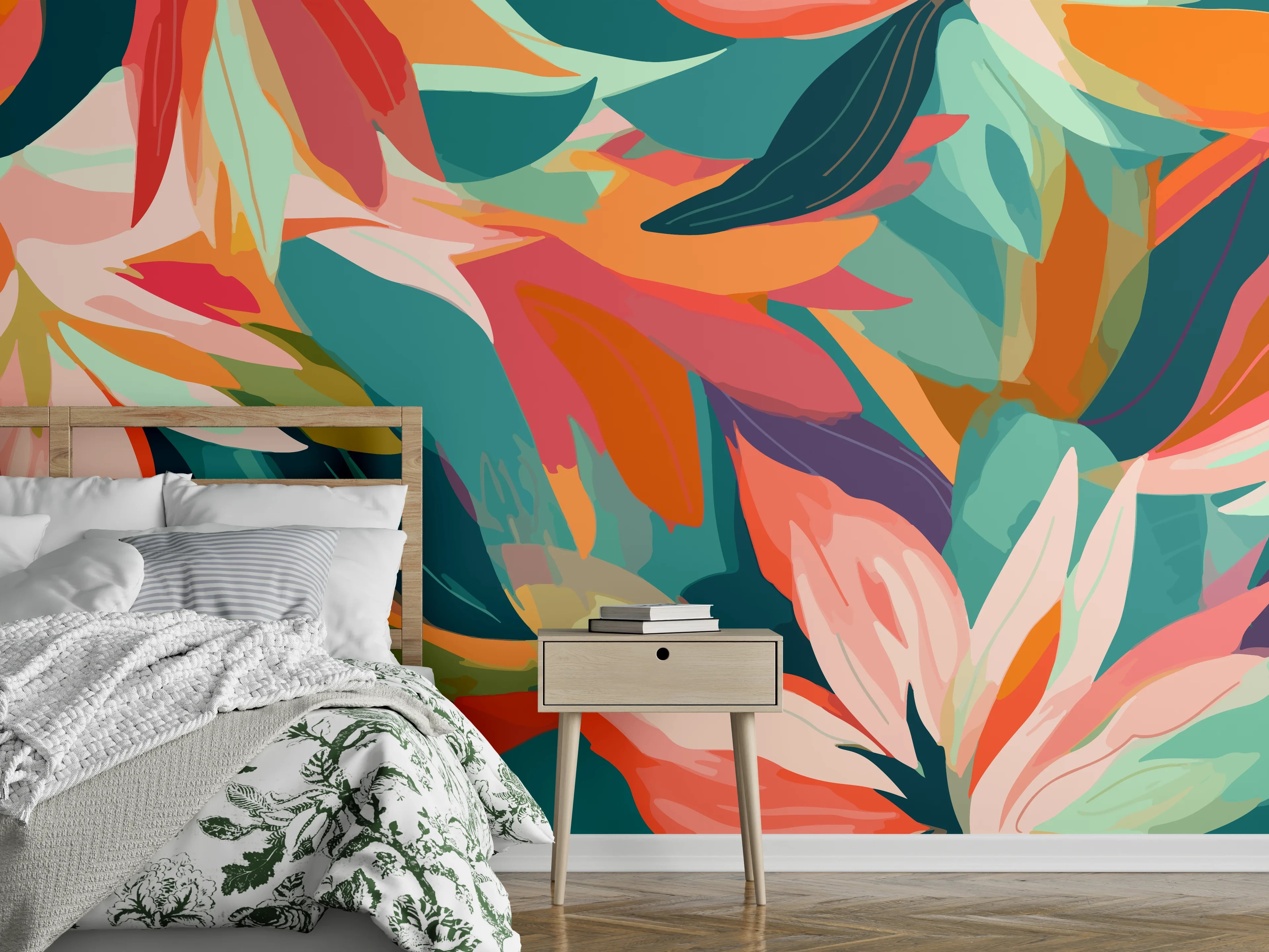Wandverkleidung Schlafzimmer - Tropische Blüten Türkis Koralle