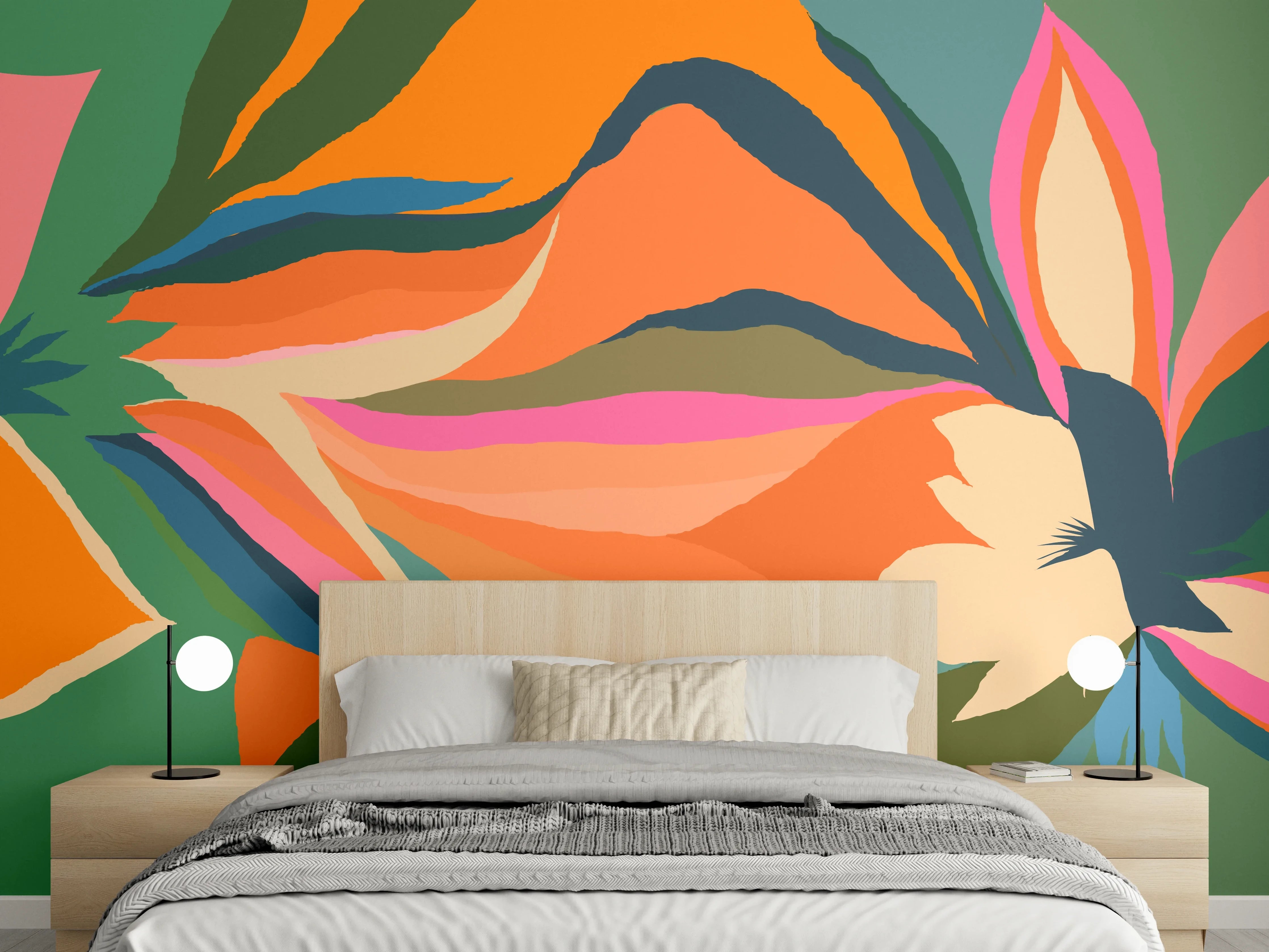 Wandverkleidung Schlafzimmer - Tropische Blüten in Orange