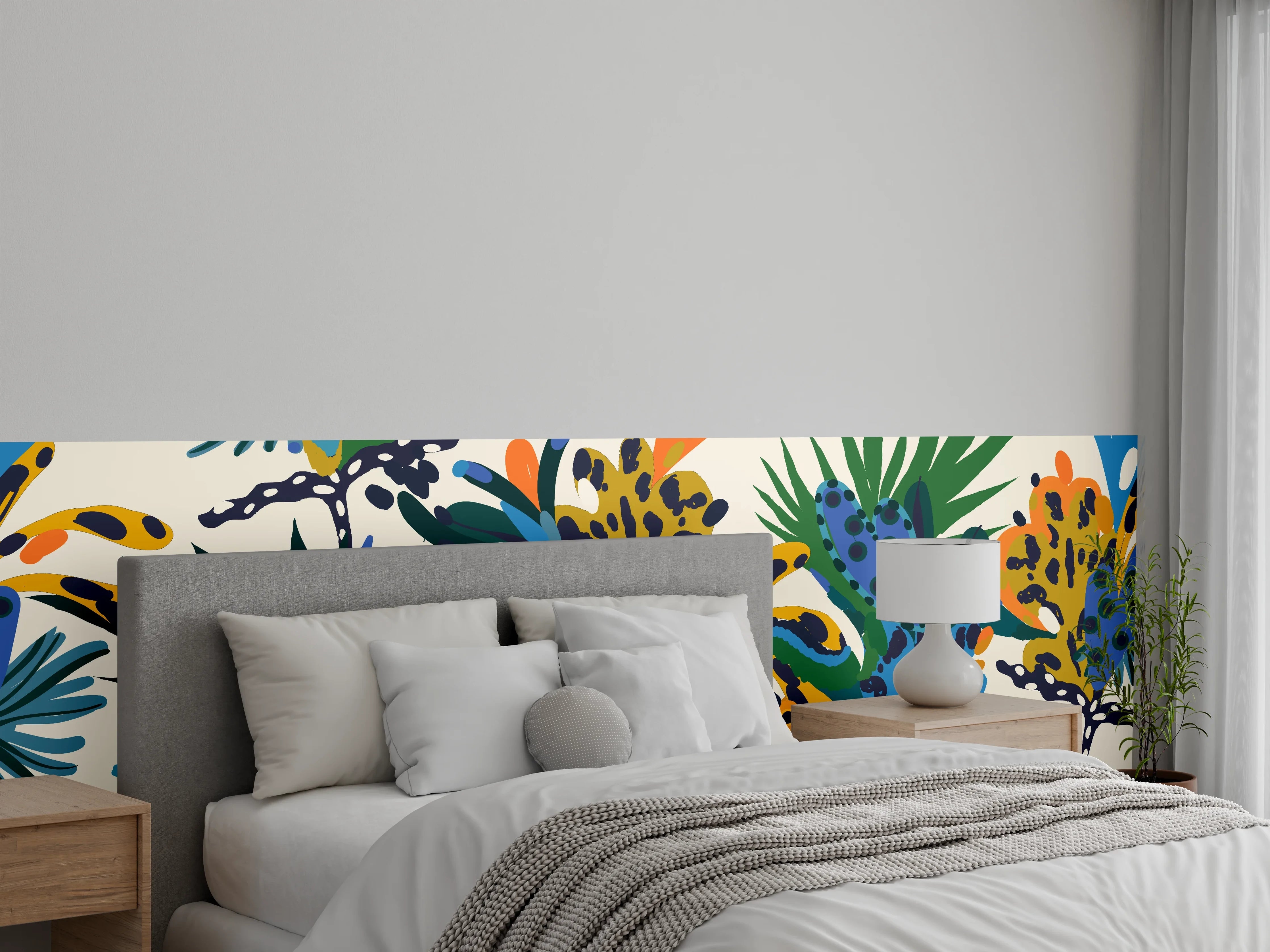 Wandverkleidung Schlafzimmer - Tropische Blumen Blau Grün Orange