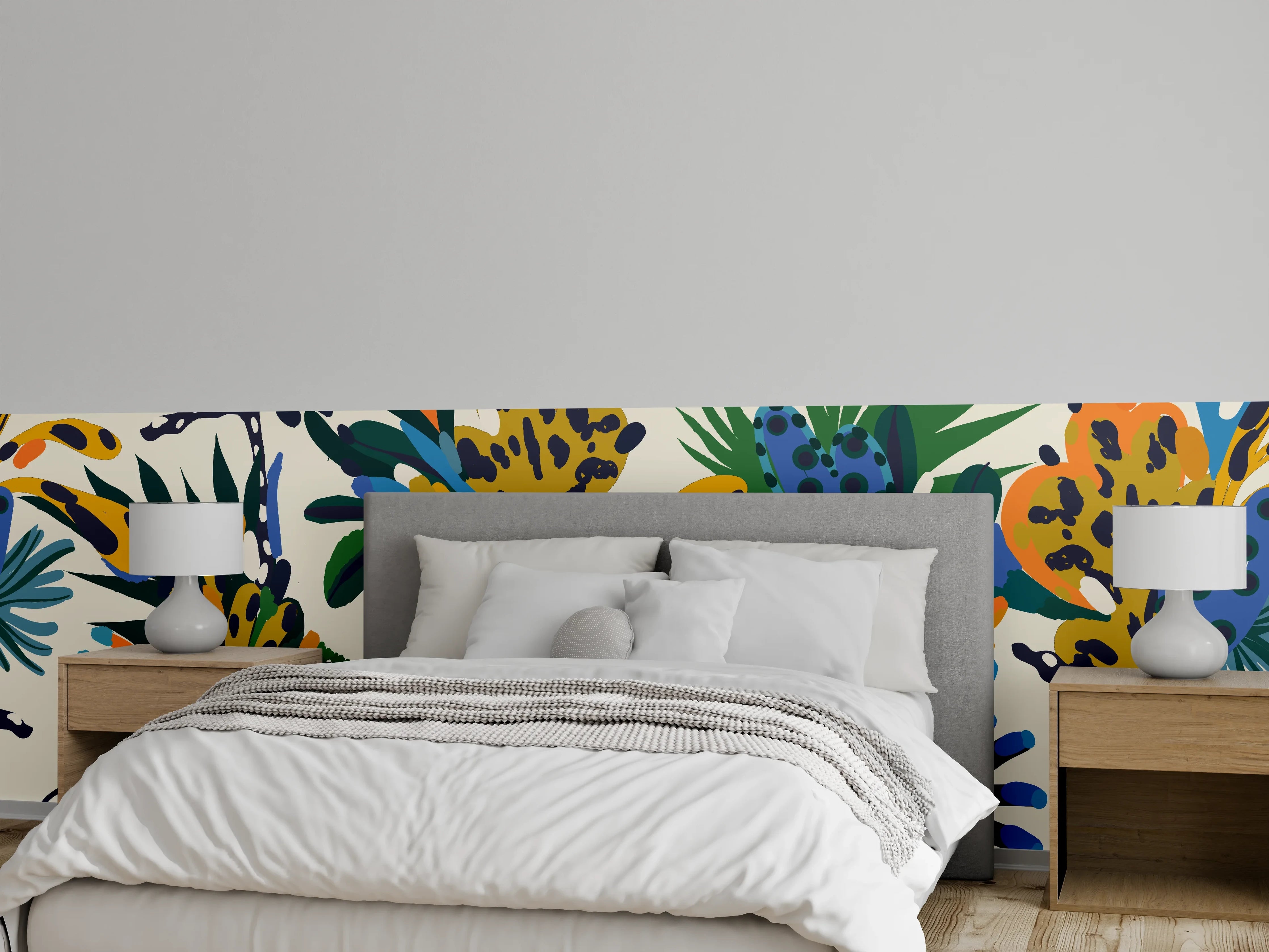 Wandverkleidung Schlafzimmer - Tropische Blumen Blau Grün Orange