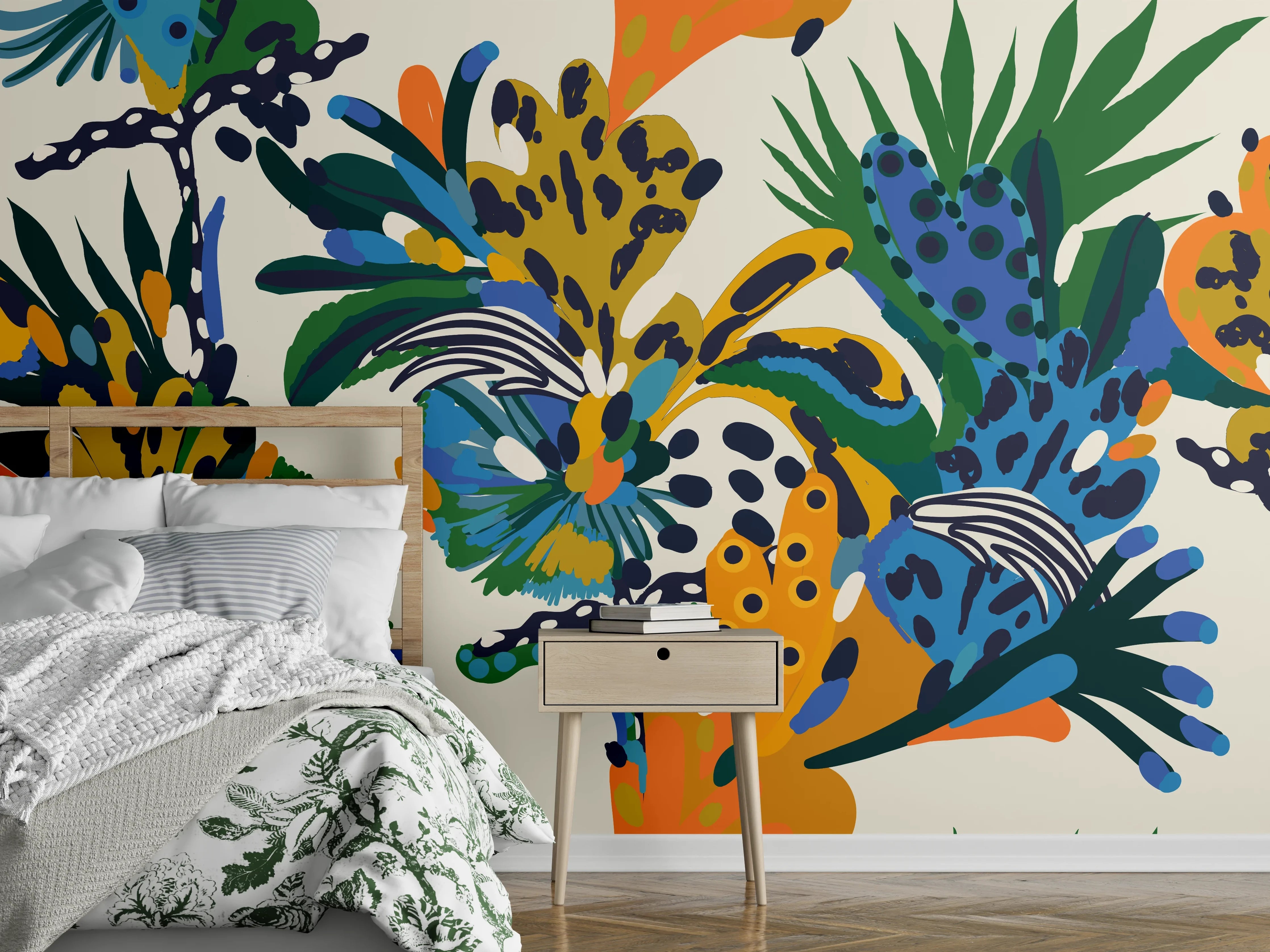 Wandverkleidung Schlafzimmer - Tropische Blumen Blau Grün Orange
