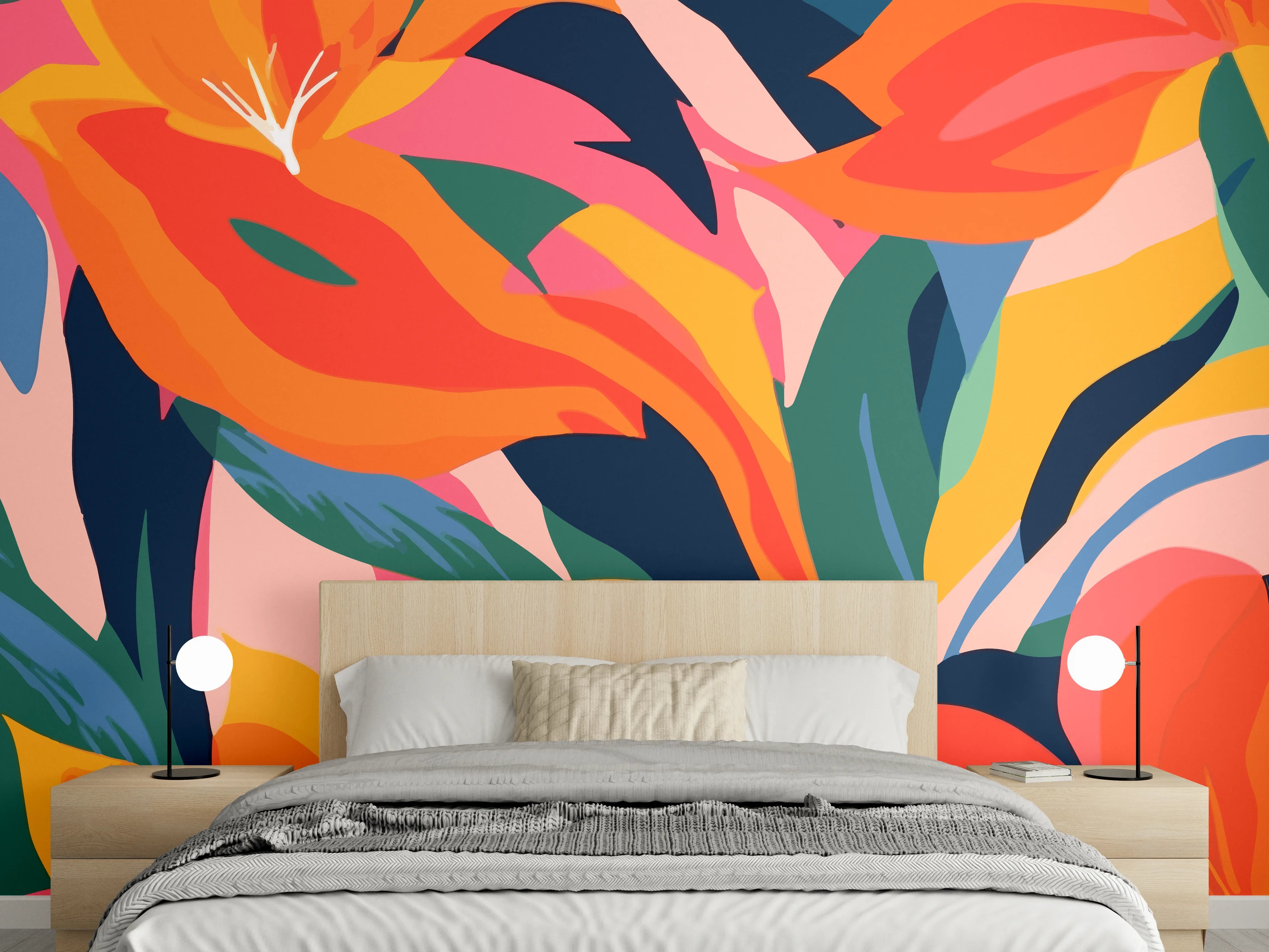 Wandverkleidung Schlafzimmer - Tropische Bunte Blumenillustration