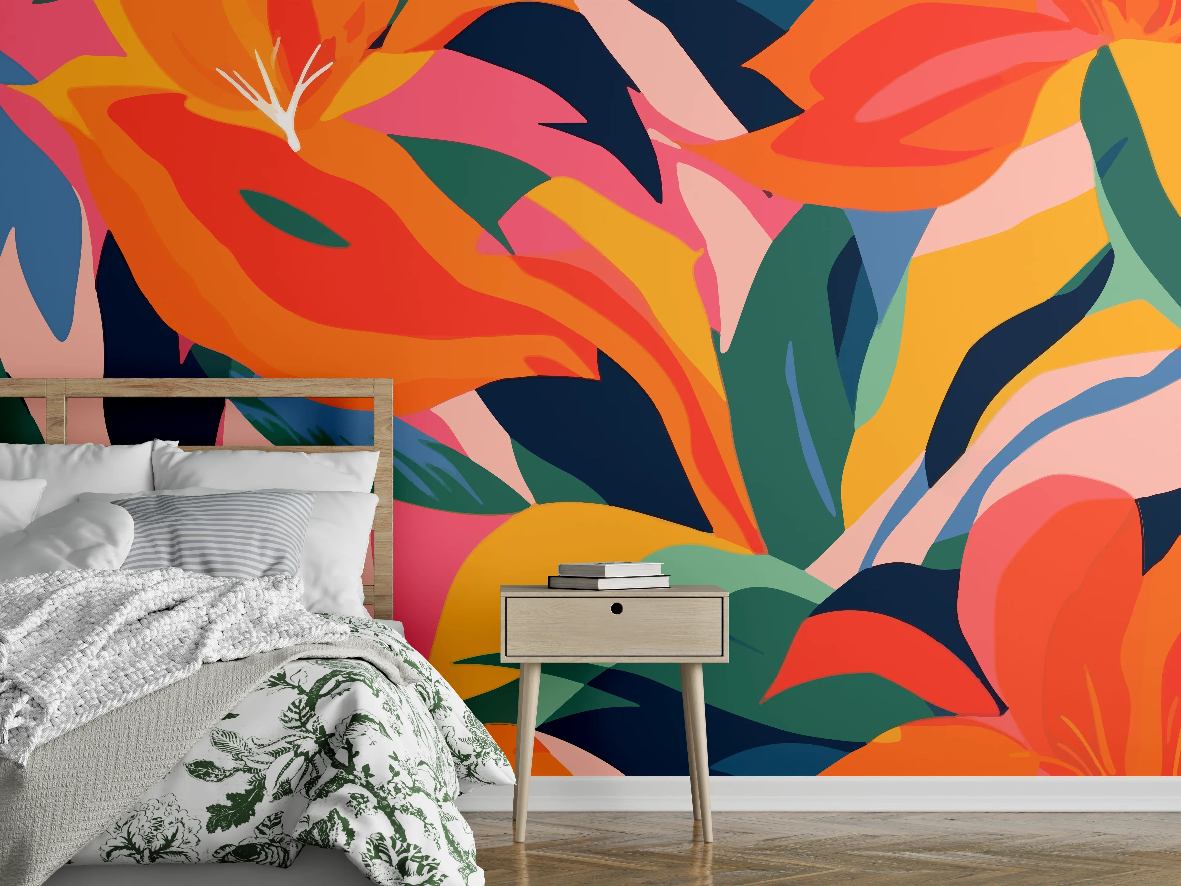 Wandverkleidung Schlafzimmer - Tropische Bunte Blumenillustration